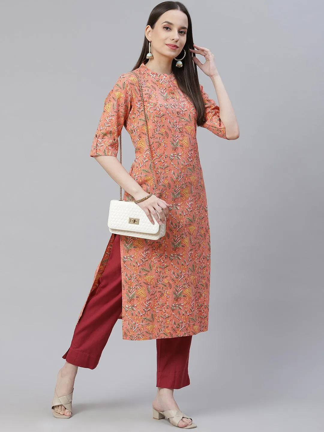 Jashvi Pink Printed Cotton Straight Kurta