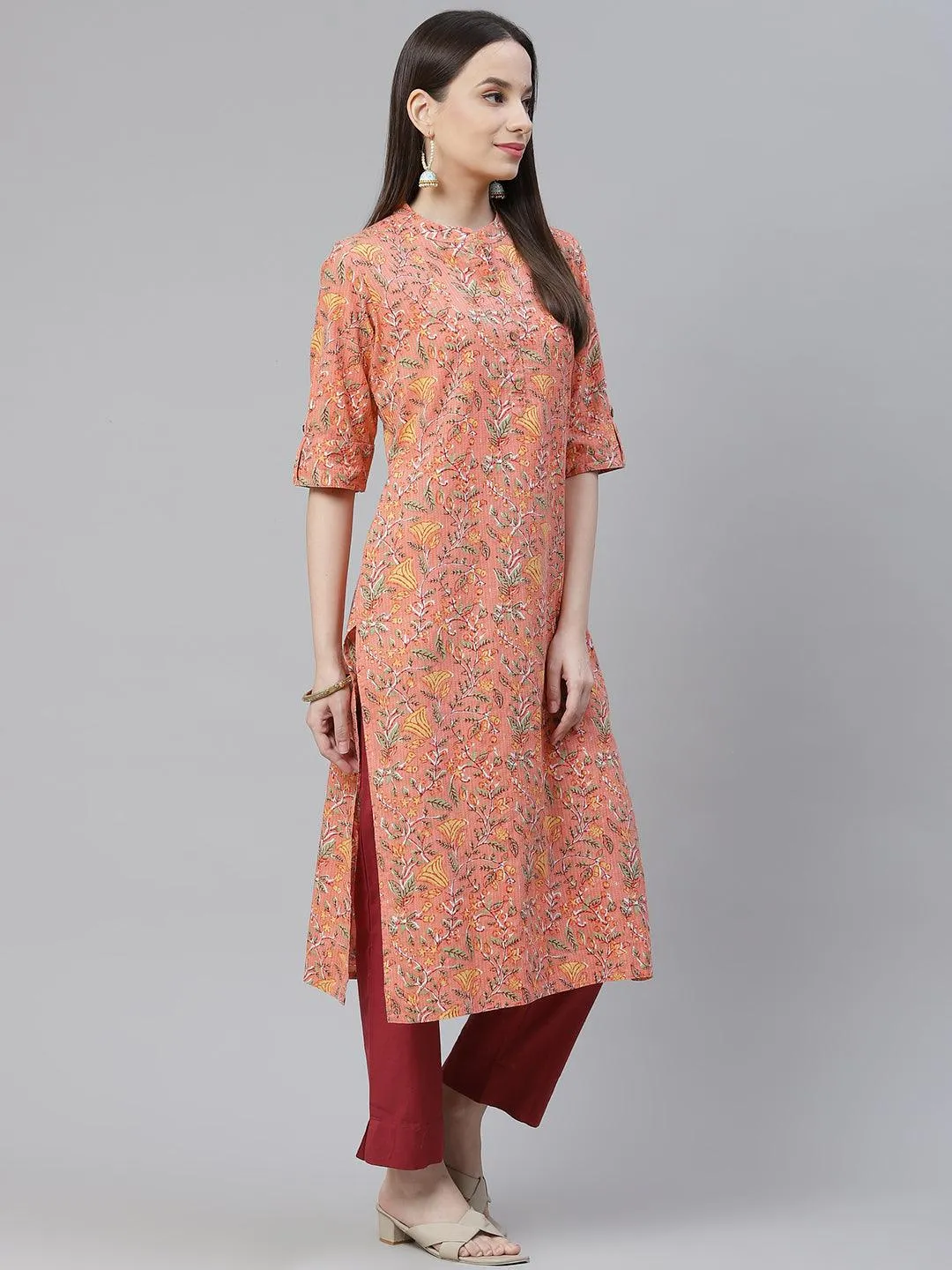 Jashvi Pink Printed Cotton Straight Kurta