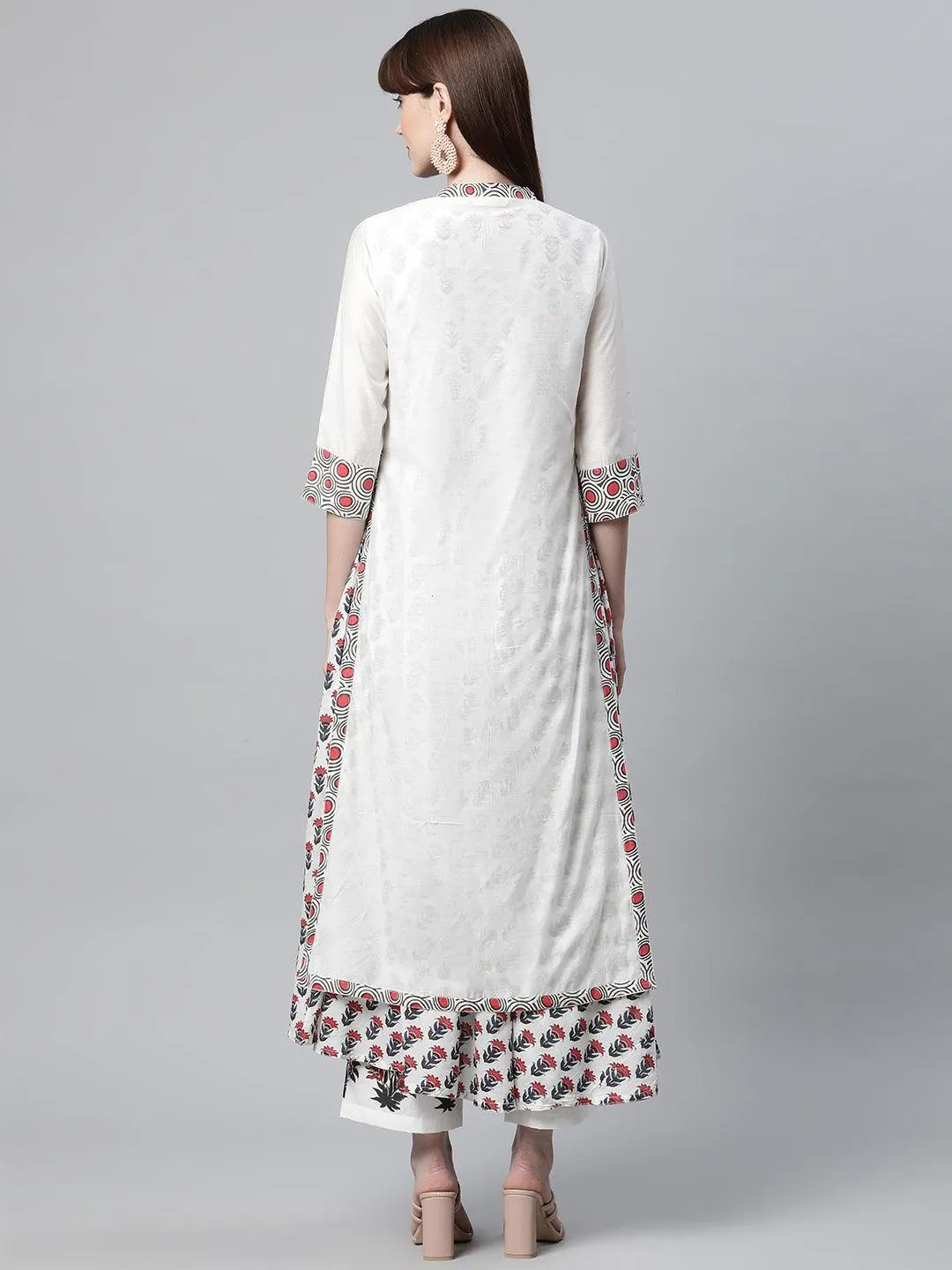 Jashvi White Floral Kurta Pant Set with Chanderi Shurg
