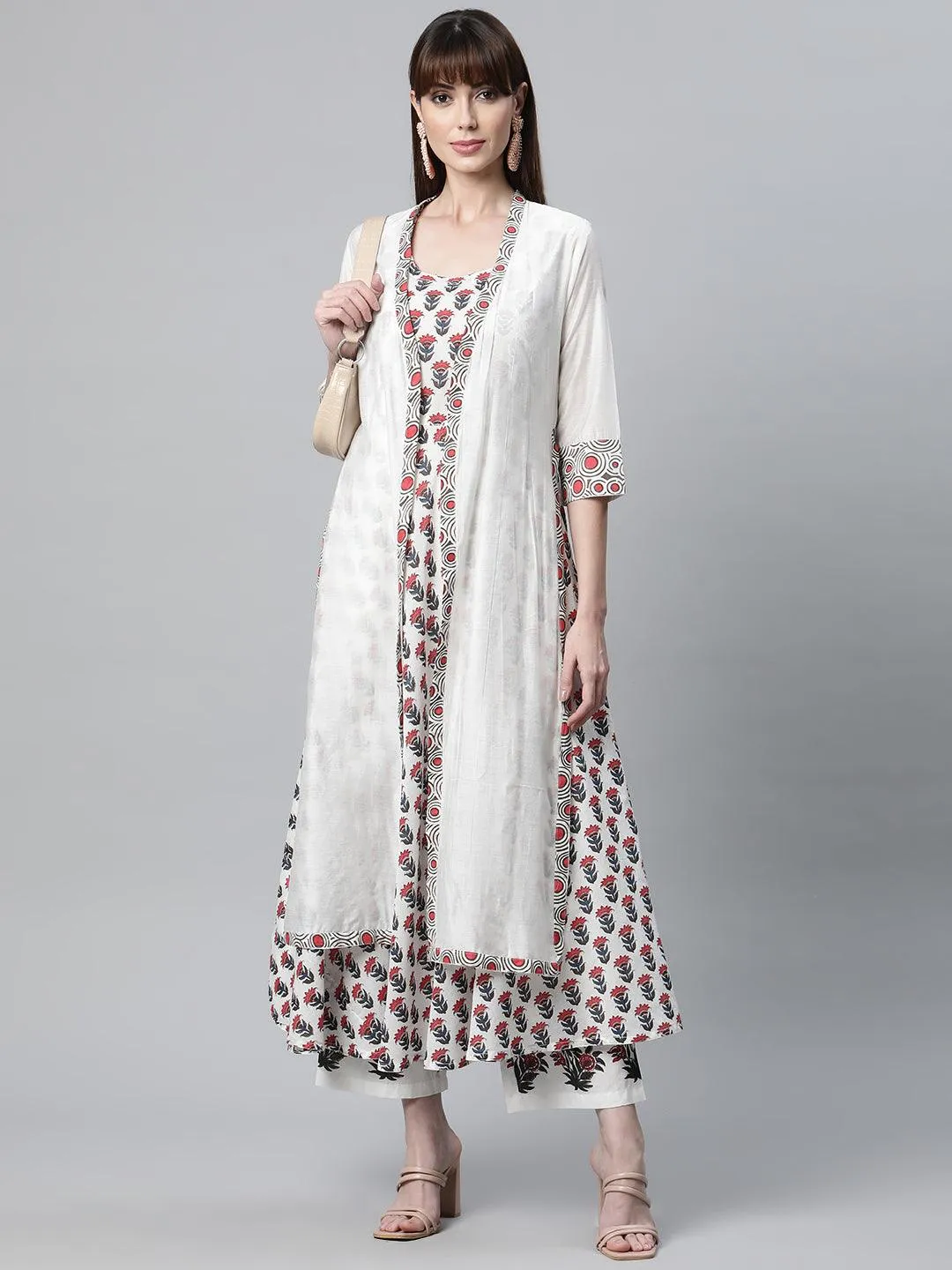 Jashvi White Floral Kurta Pant Set with Chanderi Shurg
