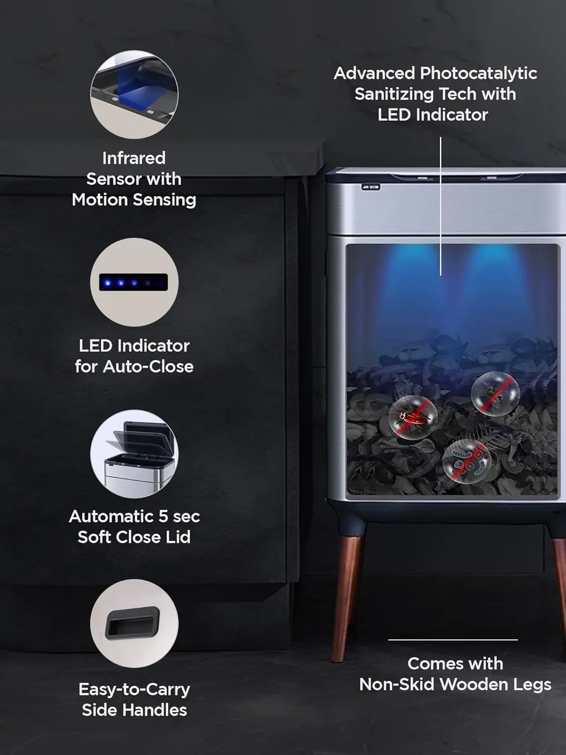 Kuber Industries Sensor Dustbin | Dual Compartment Sensor Dustbin | Touchless Trash Can | Smart Dustbin for Bedroom-Office-Living Room | 2 Removable Bucket Can | YW-5522 | 9 LTR | Silver