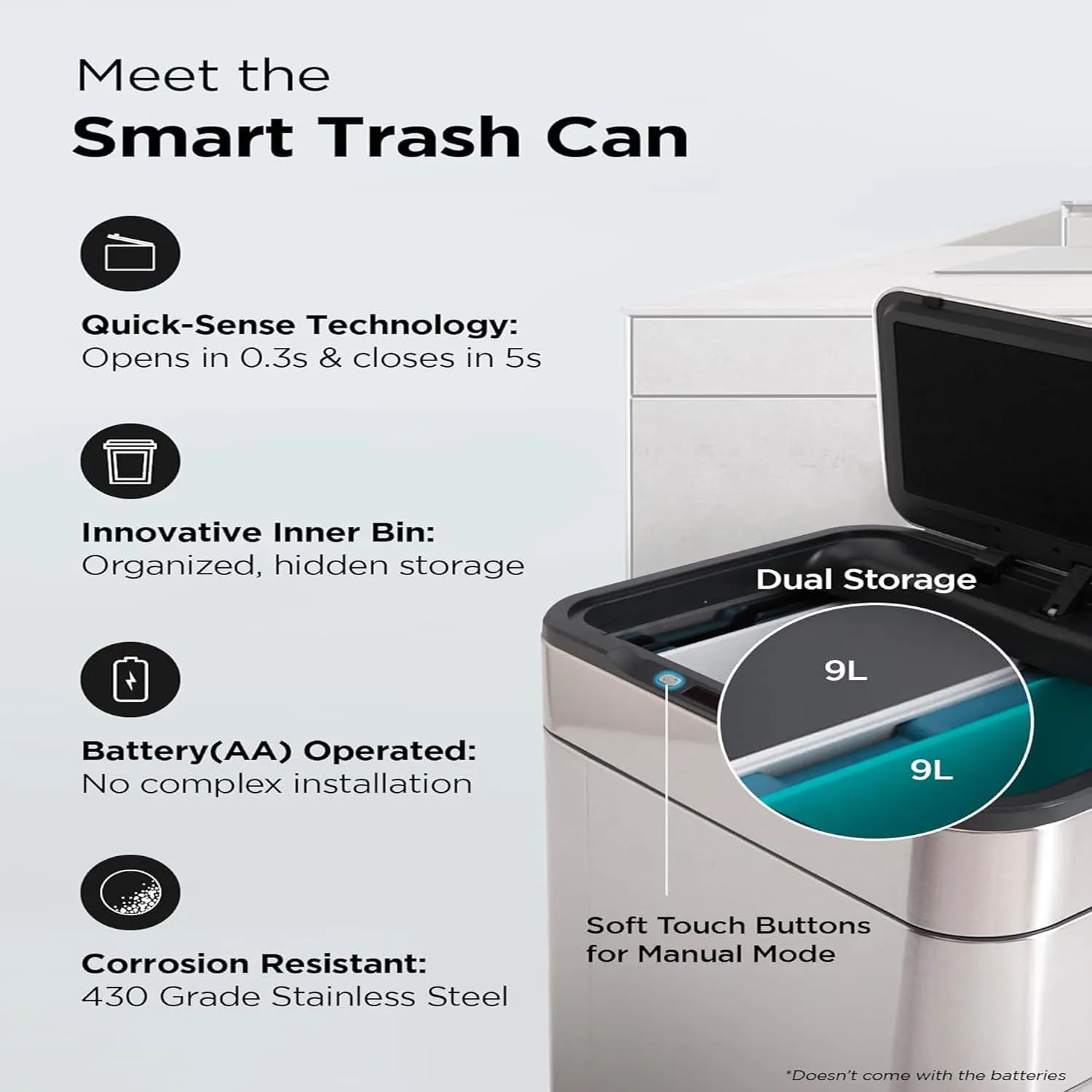 Kuber Industries Sensor Dustbin | Dual Compartment Sensor Dustbin | Touchless Trash Can | Smart Dustbin for Bedroom-Office-Living Room | 2 Removable Bucket Can | YW-5522 | 9 LTR | Silver