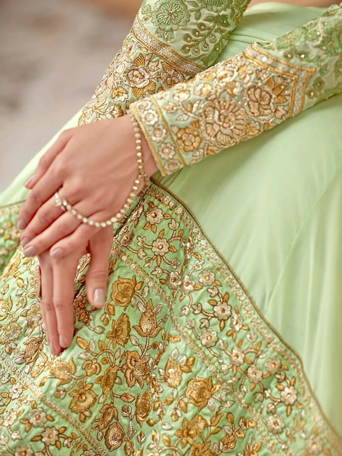 Light Green And Gold Ethnic Style Flared Anarkali Suit