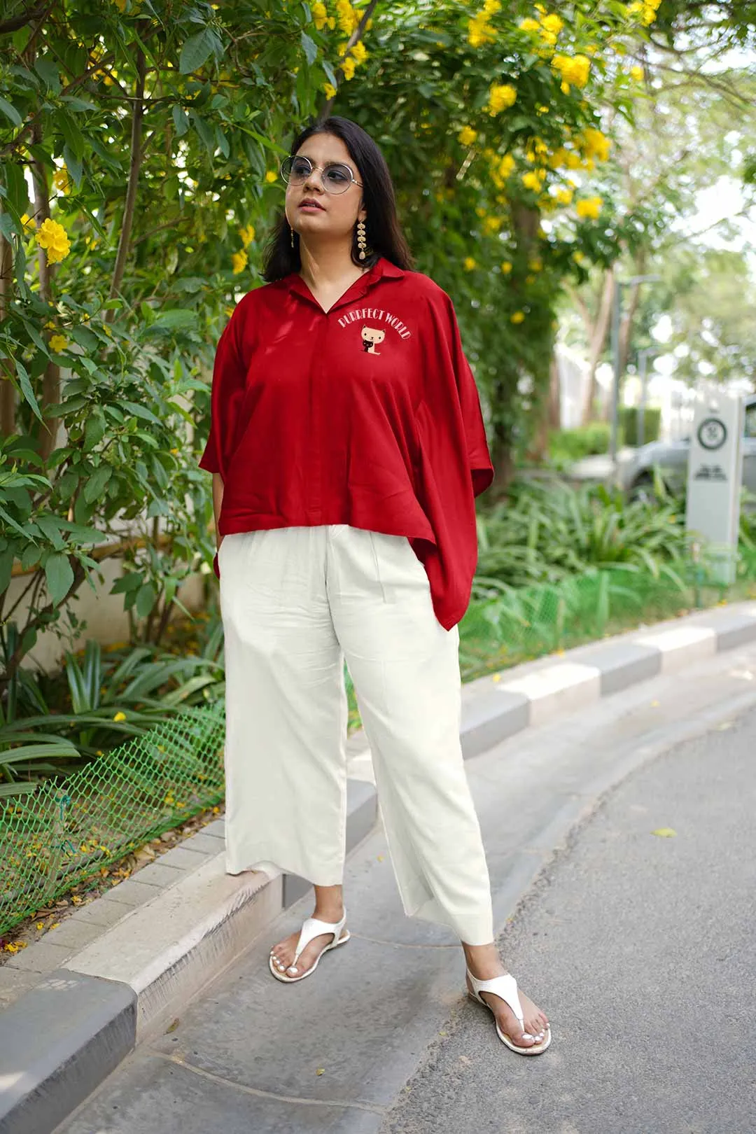 Maroon Rayon KaftanTop & MilkyWhite Palazzo - purrfect
