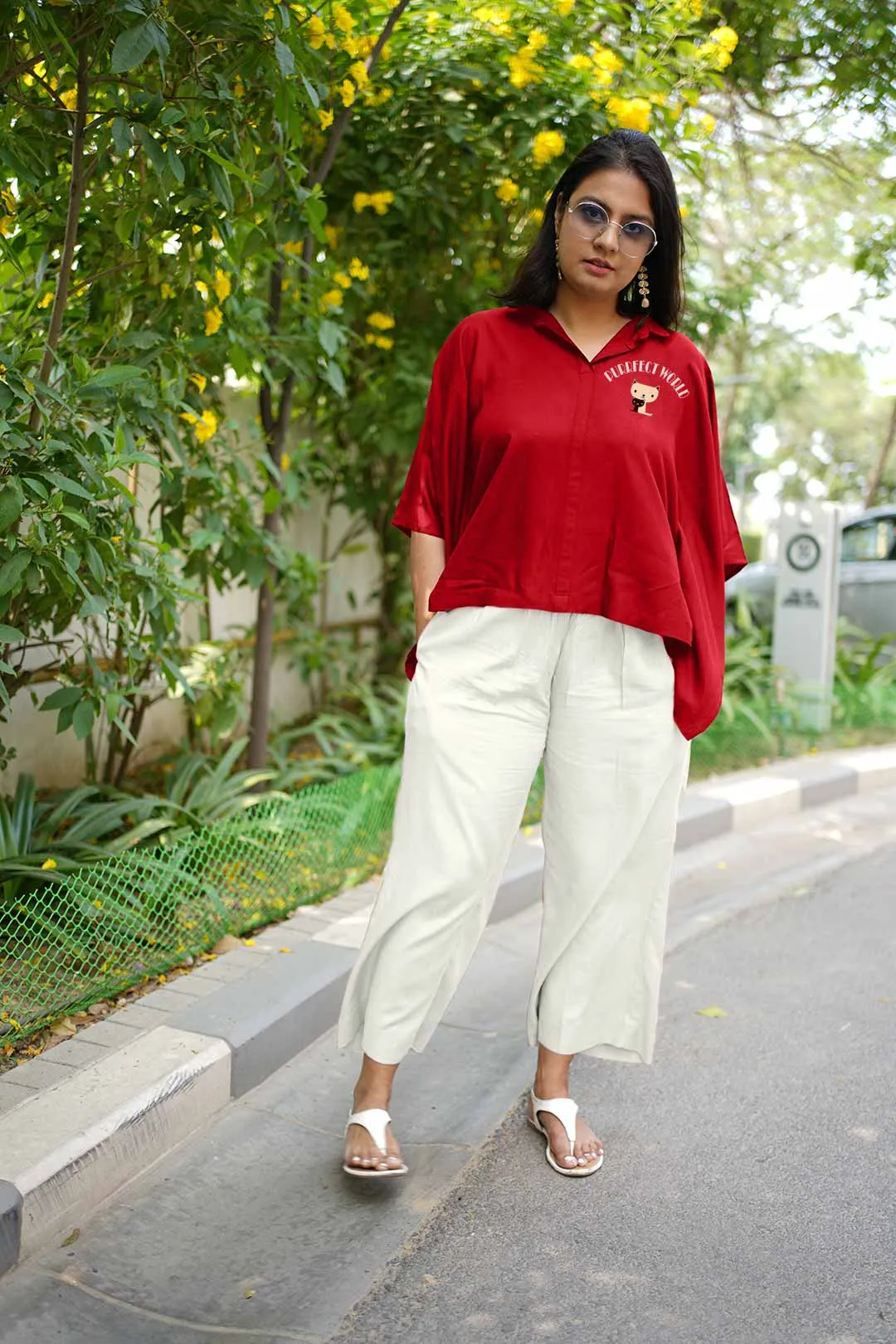 Maroon Rayon KaftanTop & MilkyWhite Palazzo - purrfect