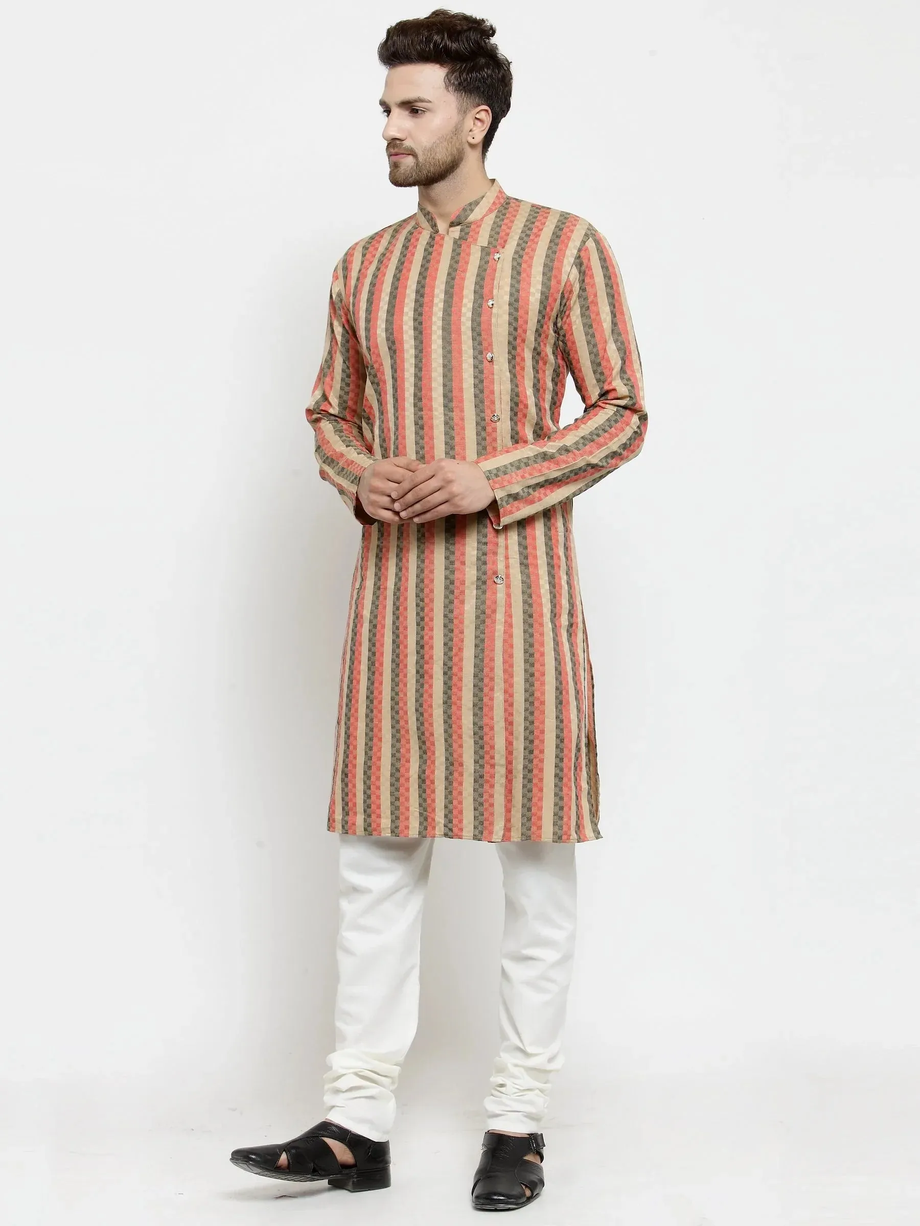 Men Red And Black Self Design Stripped Kurta Only