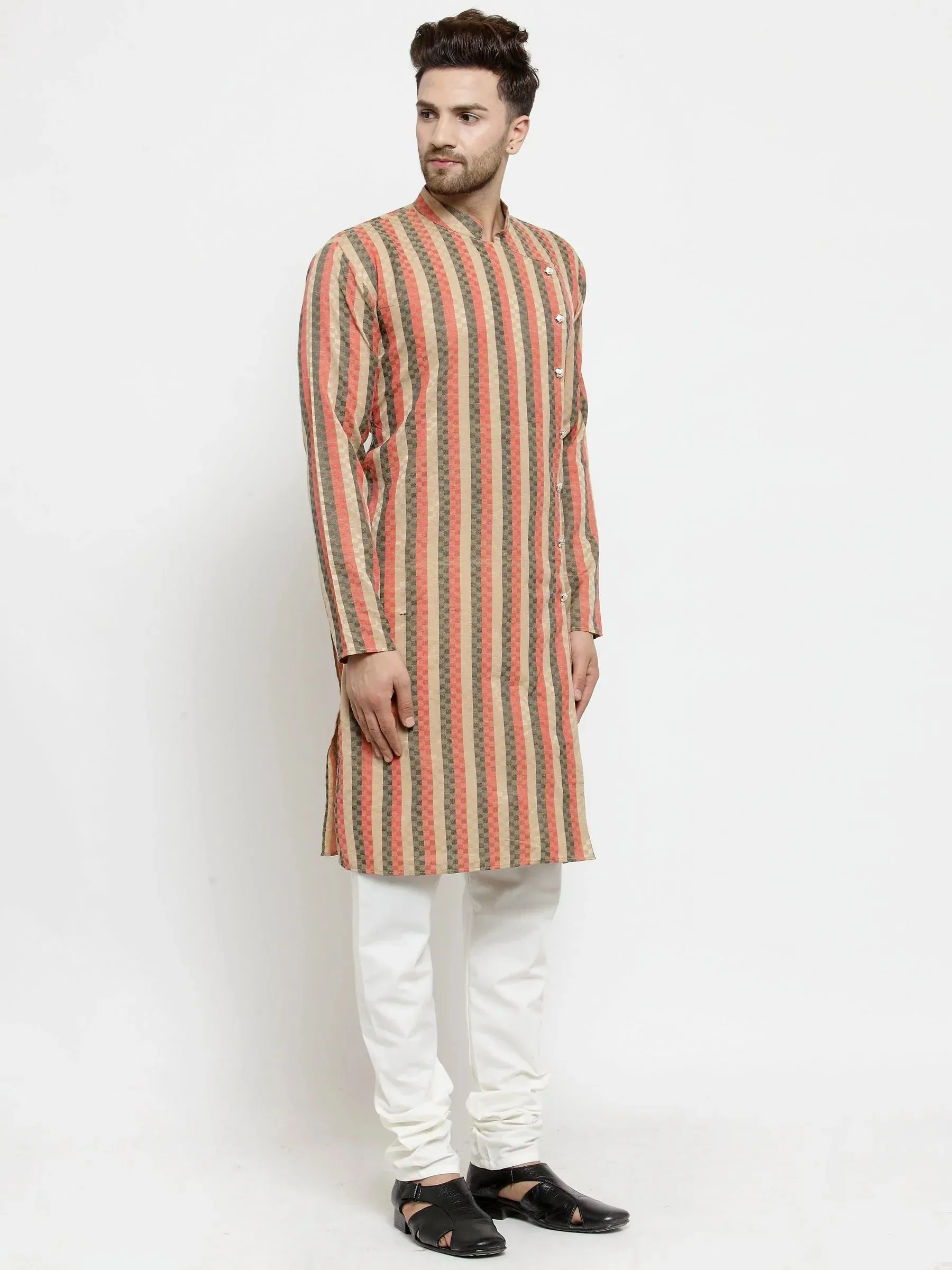 Men Red And Black Self Design Stripped Kurta Only