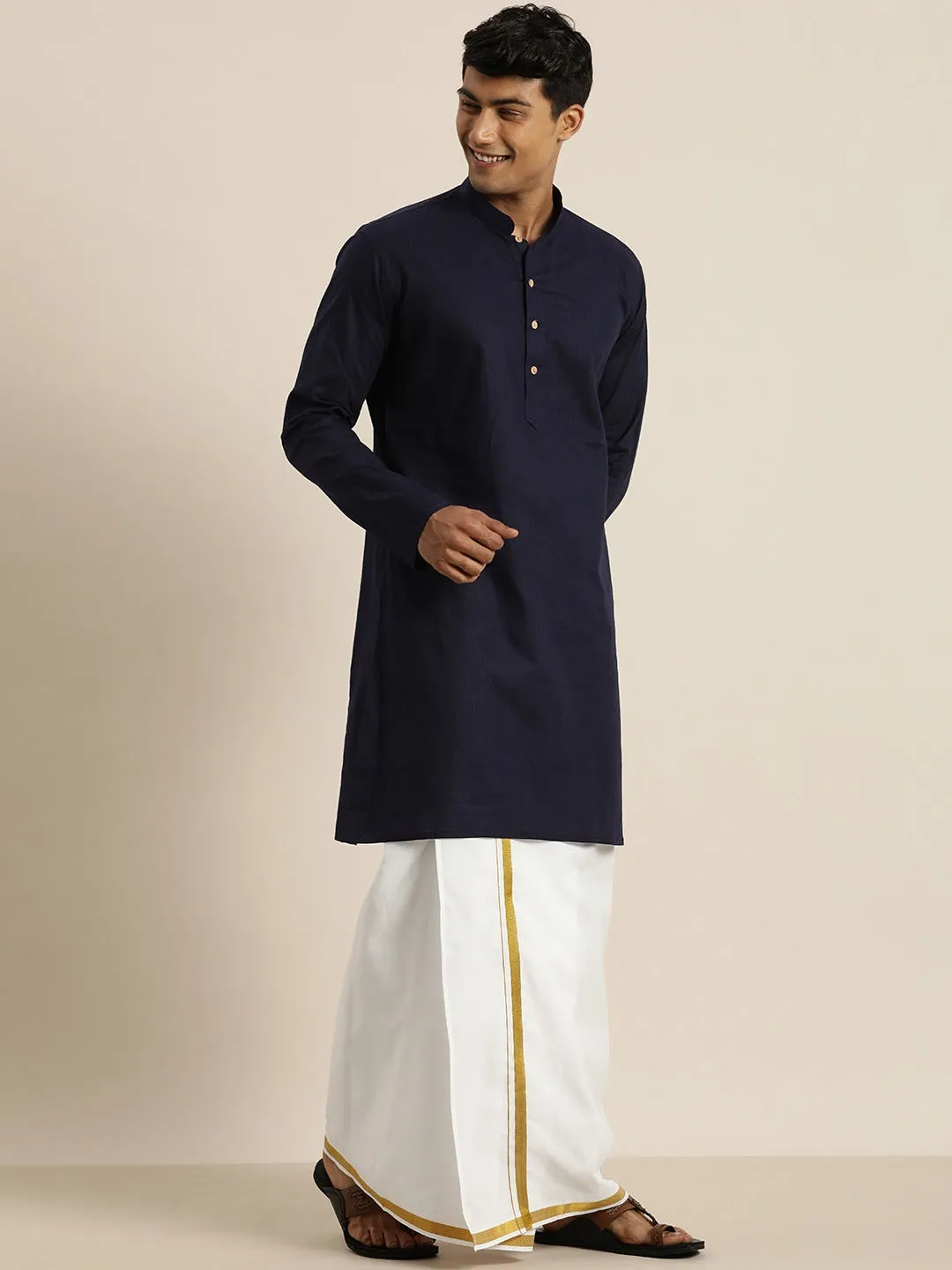Men's Navy Blue And White Cotton Blend Kurta And Mundu Set - Vastramay