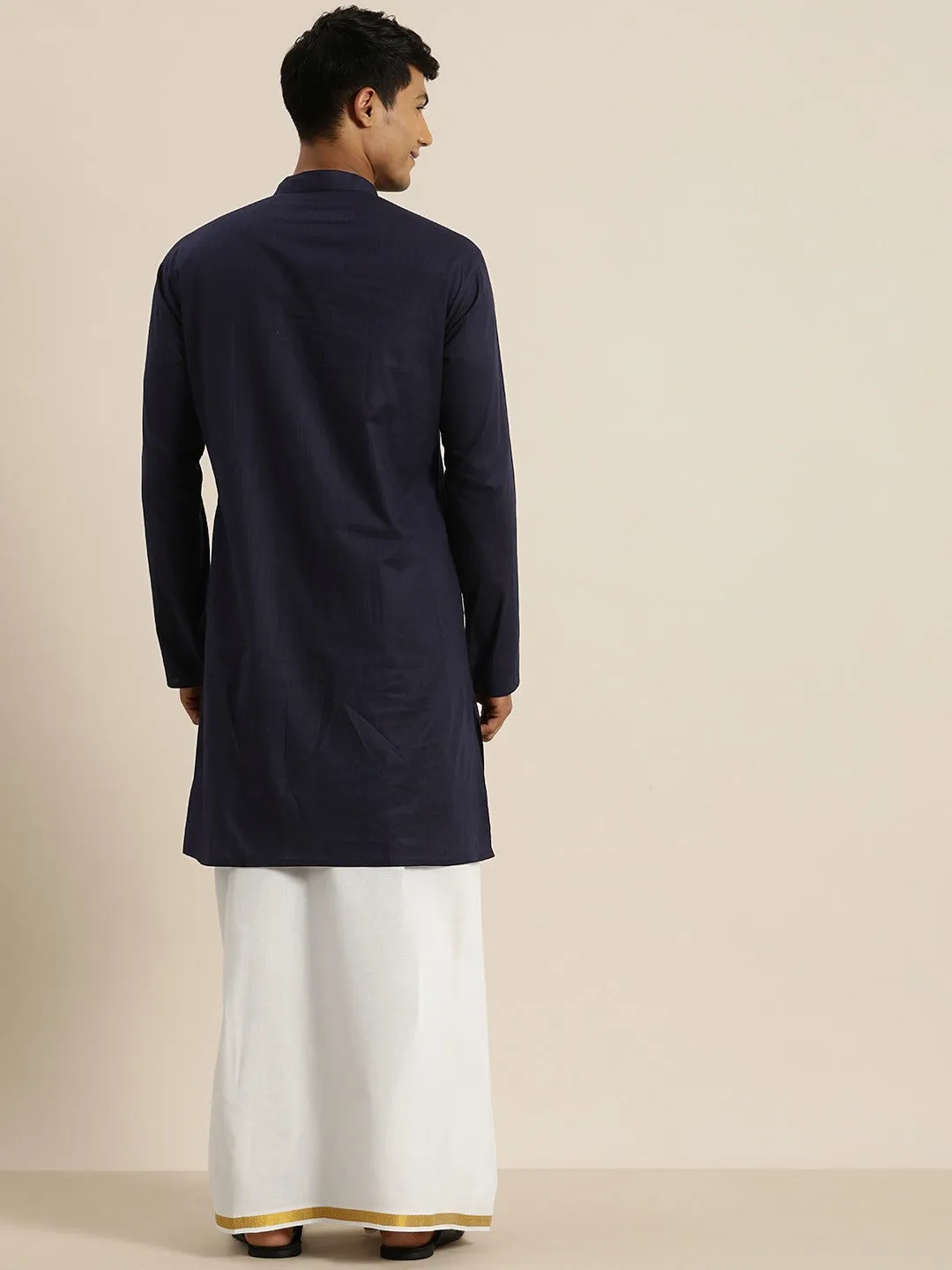Men's Navy Blue And White Cotton Blend Kurta And Mundu Set - Vastramay
