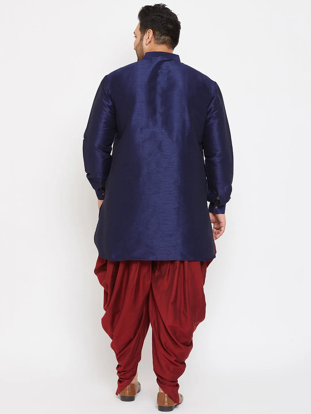 Men's Plus Navy Blue And Maroon Silk Blend Kurta And Dhoti Set - Vastramay