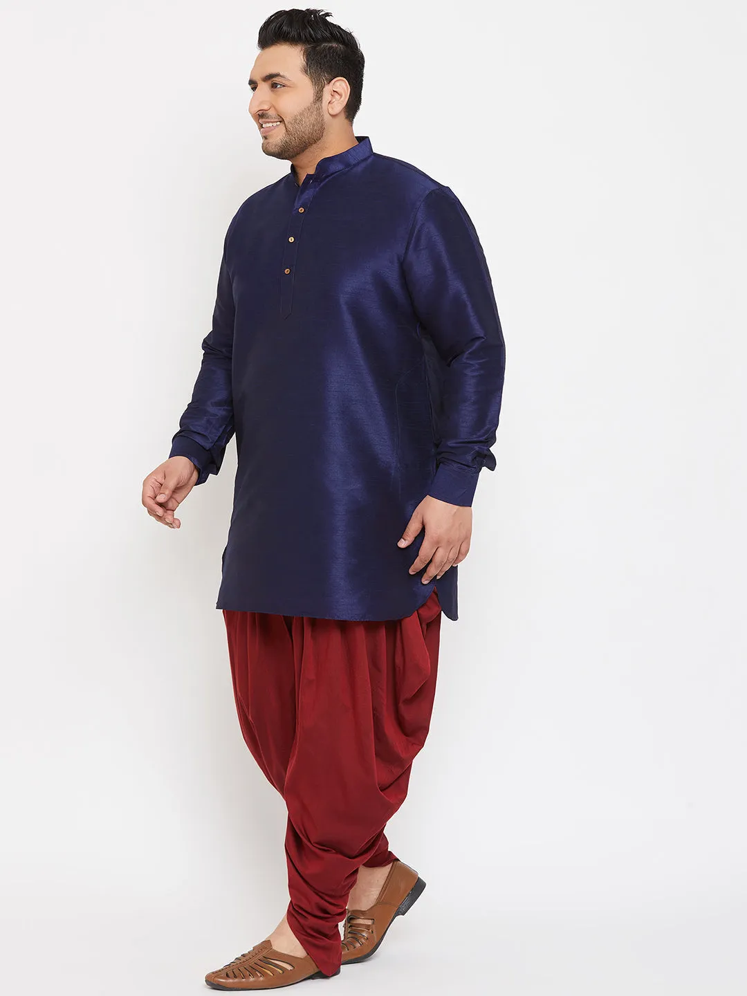 Men's Plus Navy Blue And Maroon Silk Blend Kurta And Dhoti Set - Vastramay