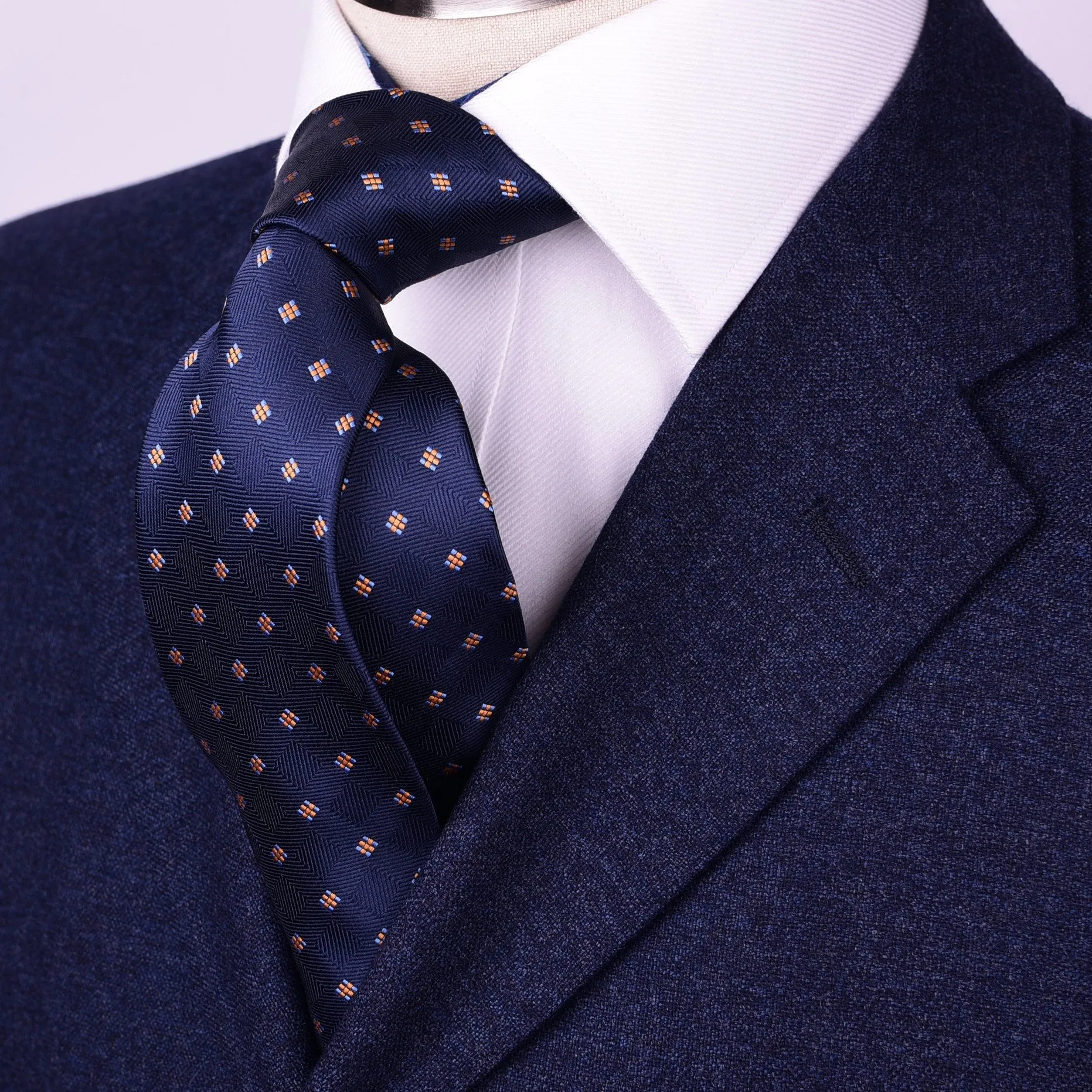 Midnight Blue Herringbone Fade Checkered Yellow Geometric Pattern Modern Woven Tie 3"
