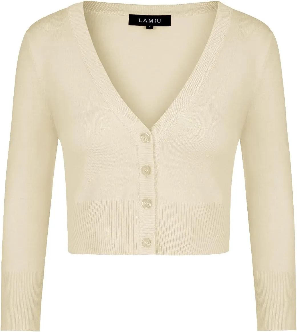 MINTLIMIT Women's Cropped Shrug Bolero 3/4 Sleeve Button Down Cardigan Sweater