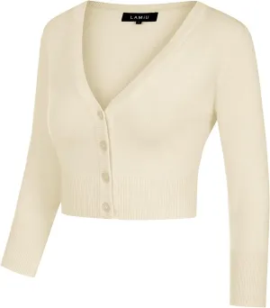MINTLIMIT Women's Cropped Shrug Bolero 3/4 Sleeve Button Down Cardigan Sweater
