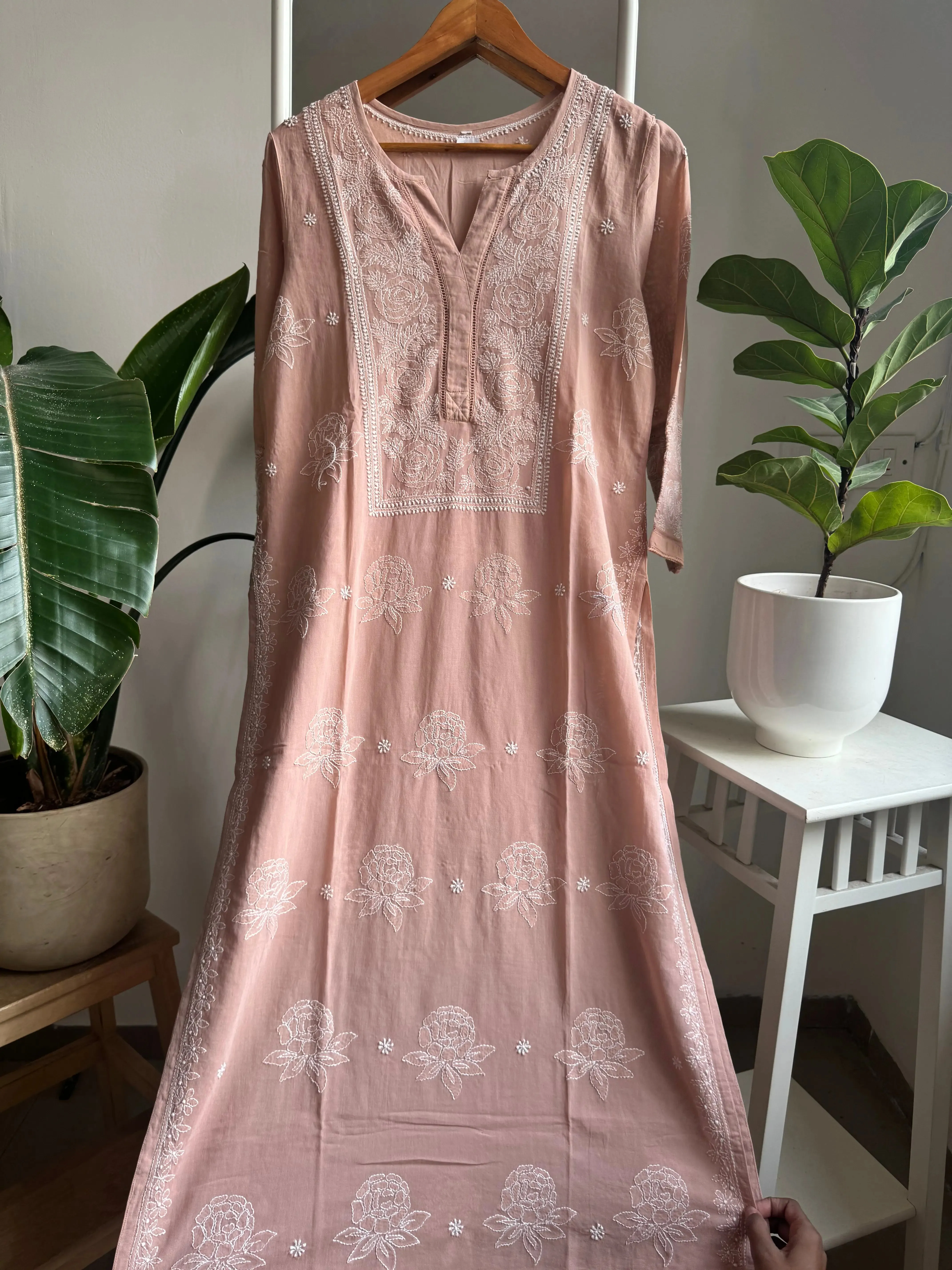 Mul Cotton Chikankari Kurti - Coffee Brown