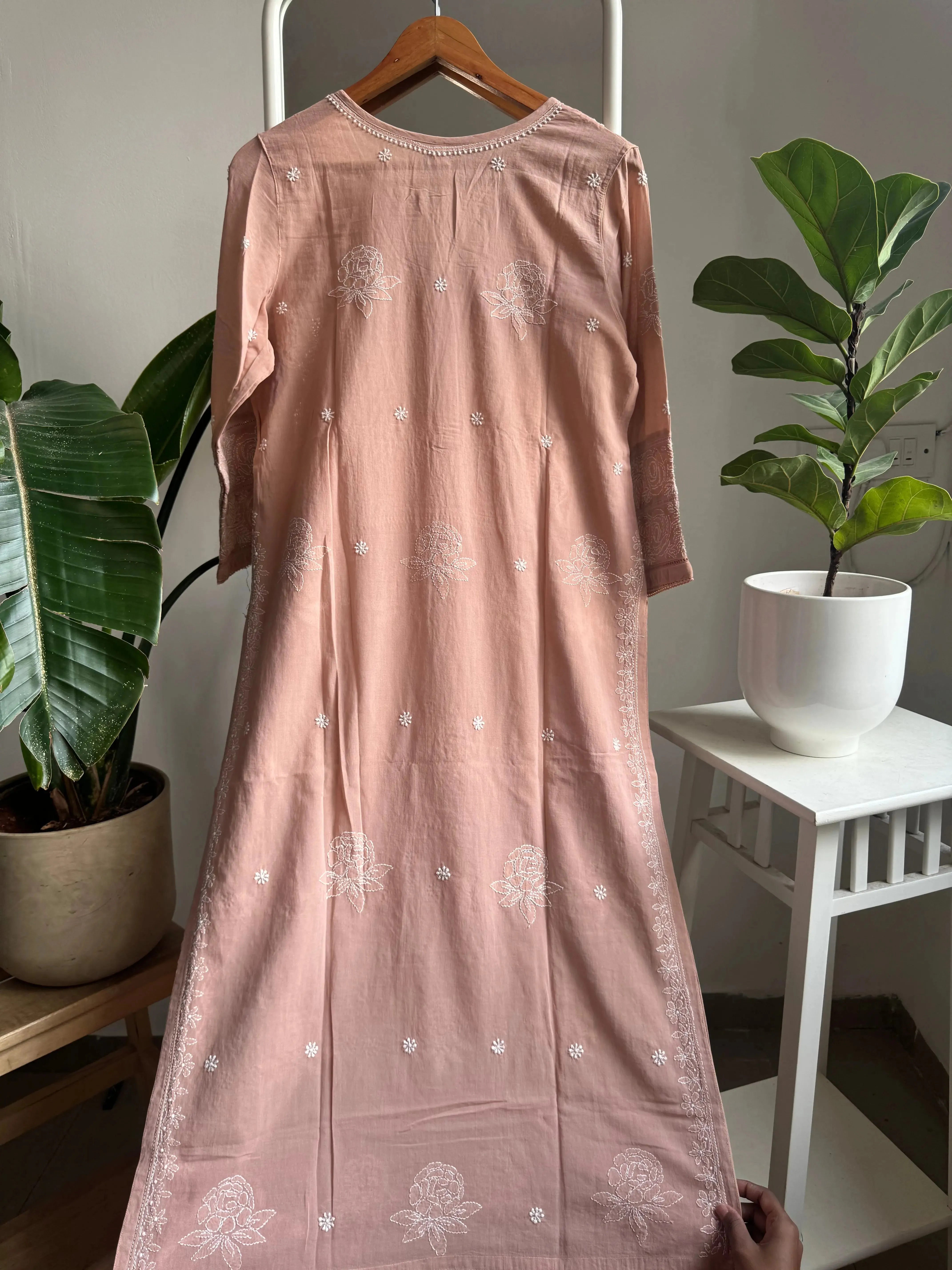 Mul Cotton Chikankari Kurti - Coffee Brown