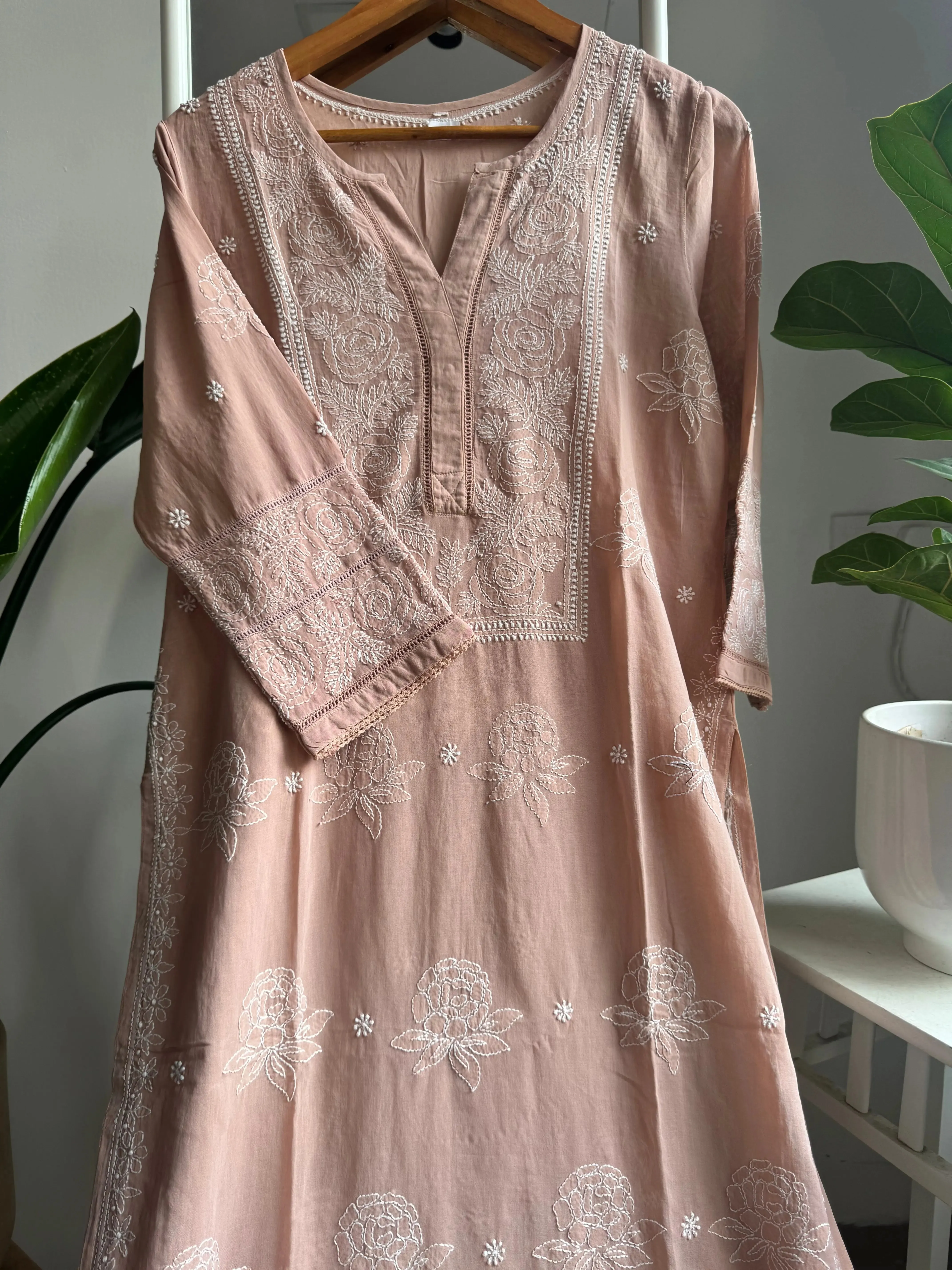 Mul Cotton Chikankari Kurti - Coffee Brown