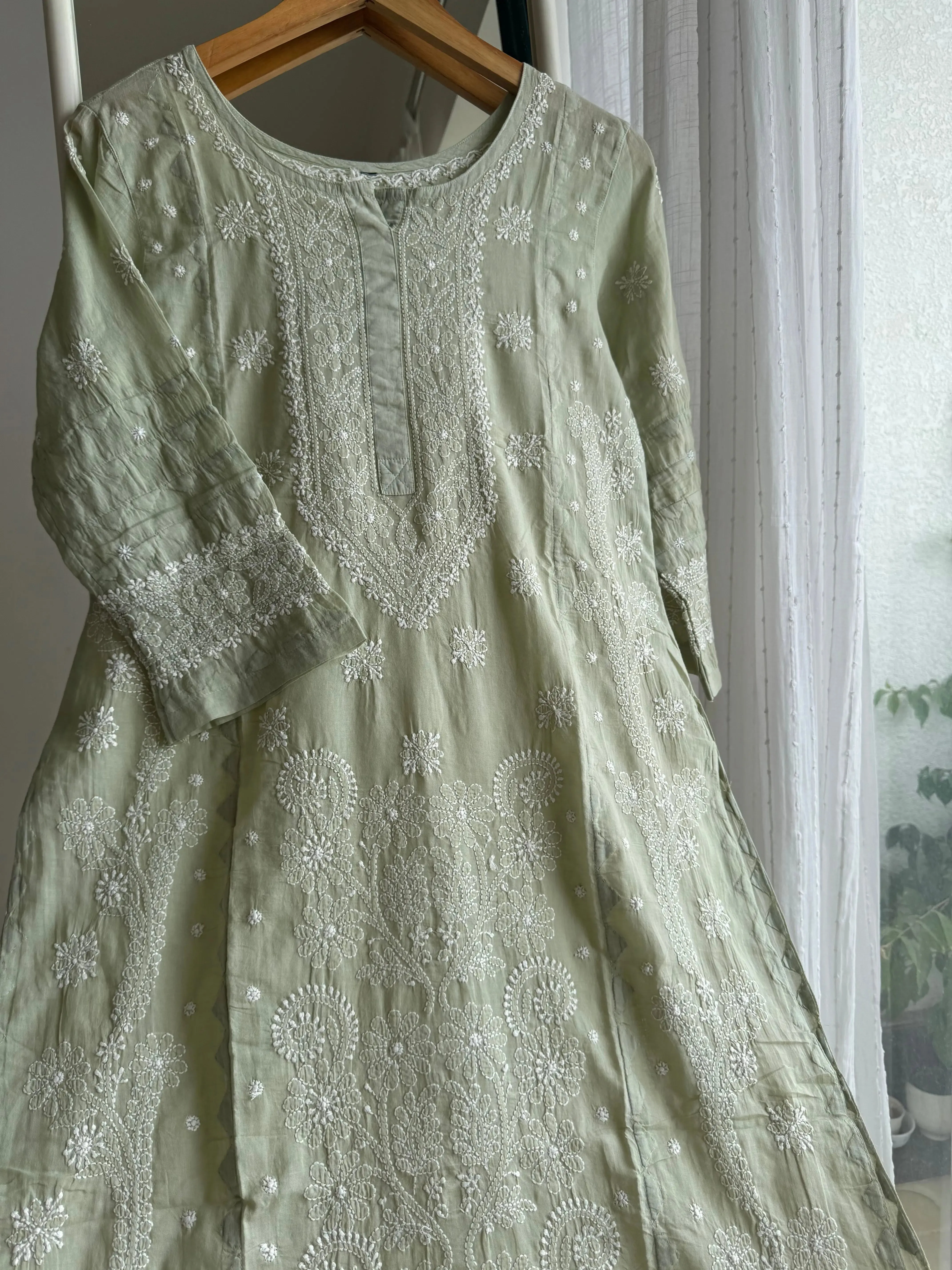 Mul Cotton Chikankari Kurti - Sage Green