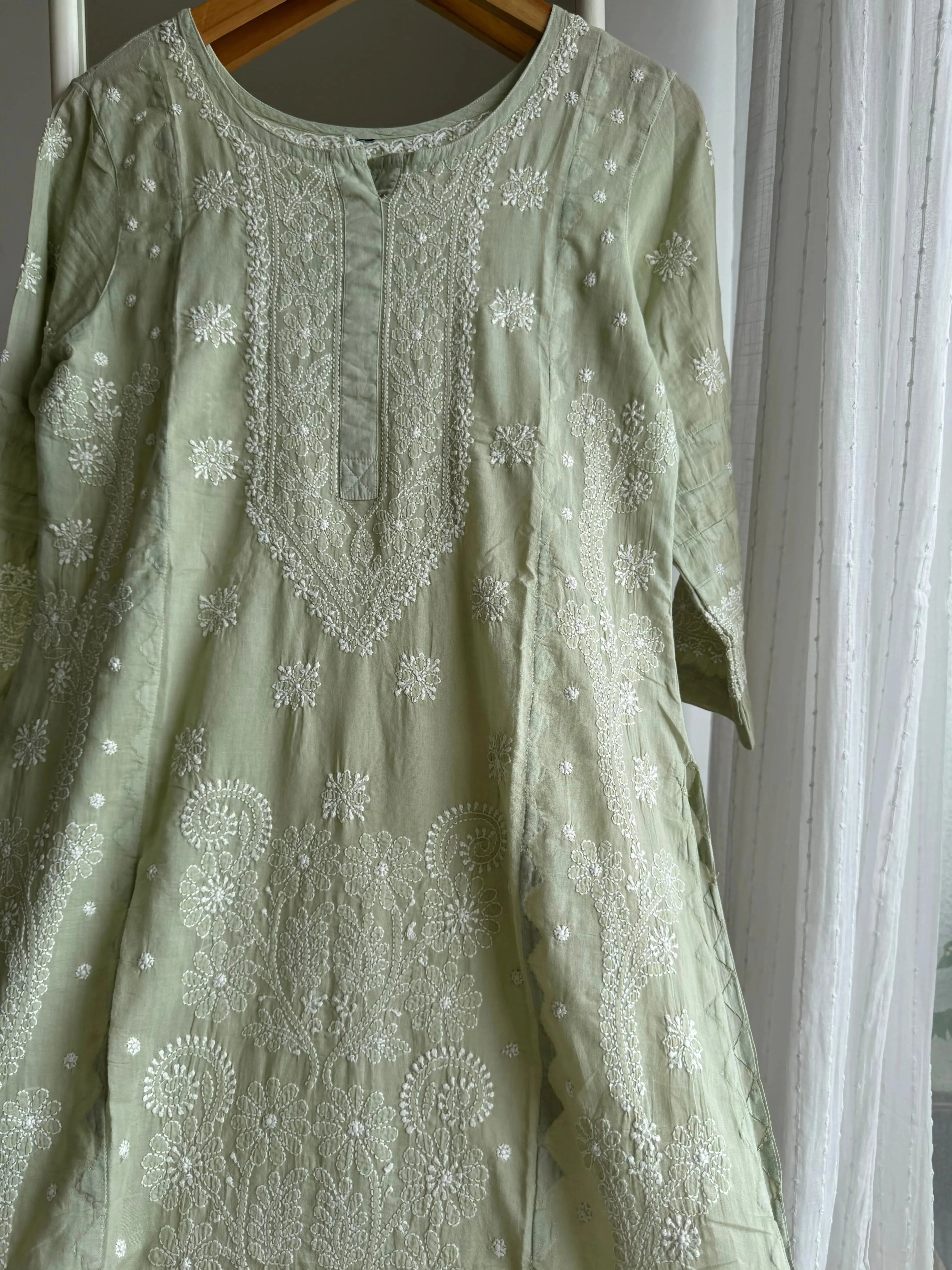 Mul Cotton Chikankari Kurti - Sage Green