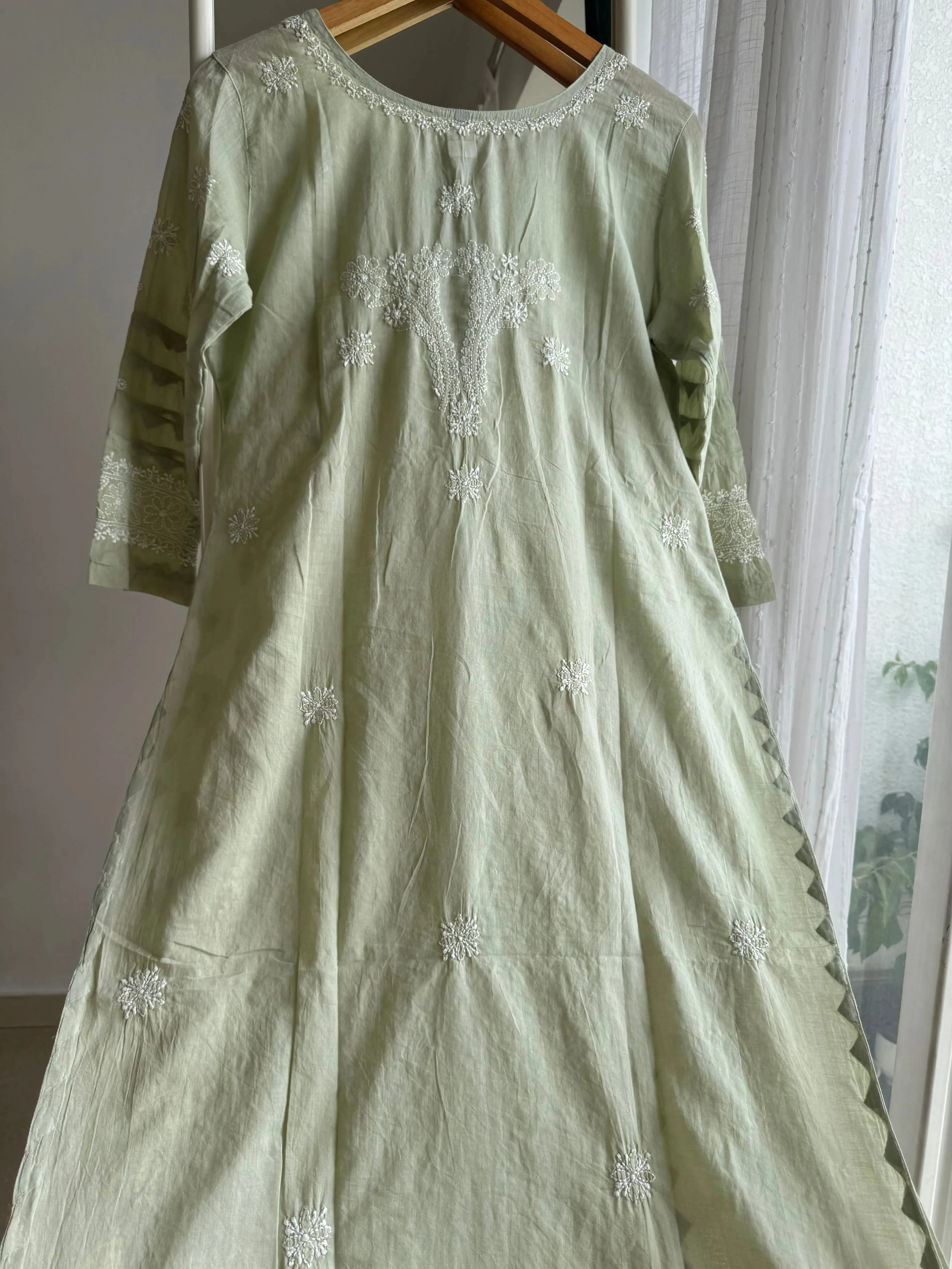 Mul Cotton Chikankari Kurti - Sage Green