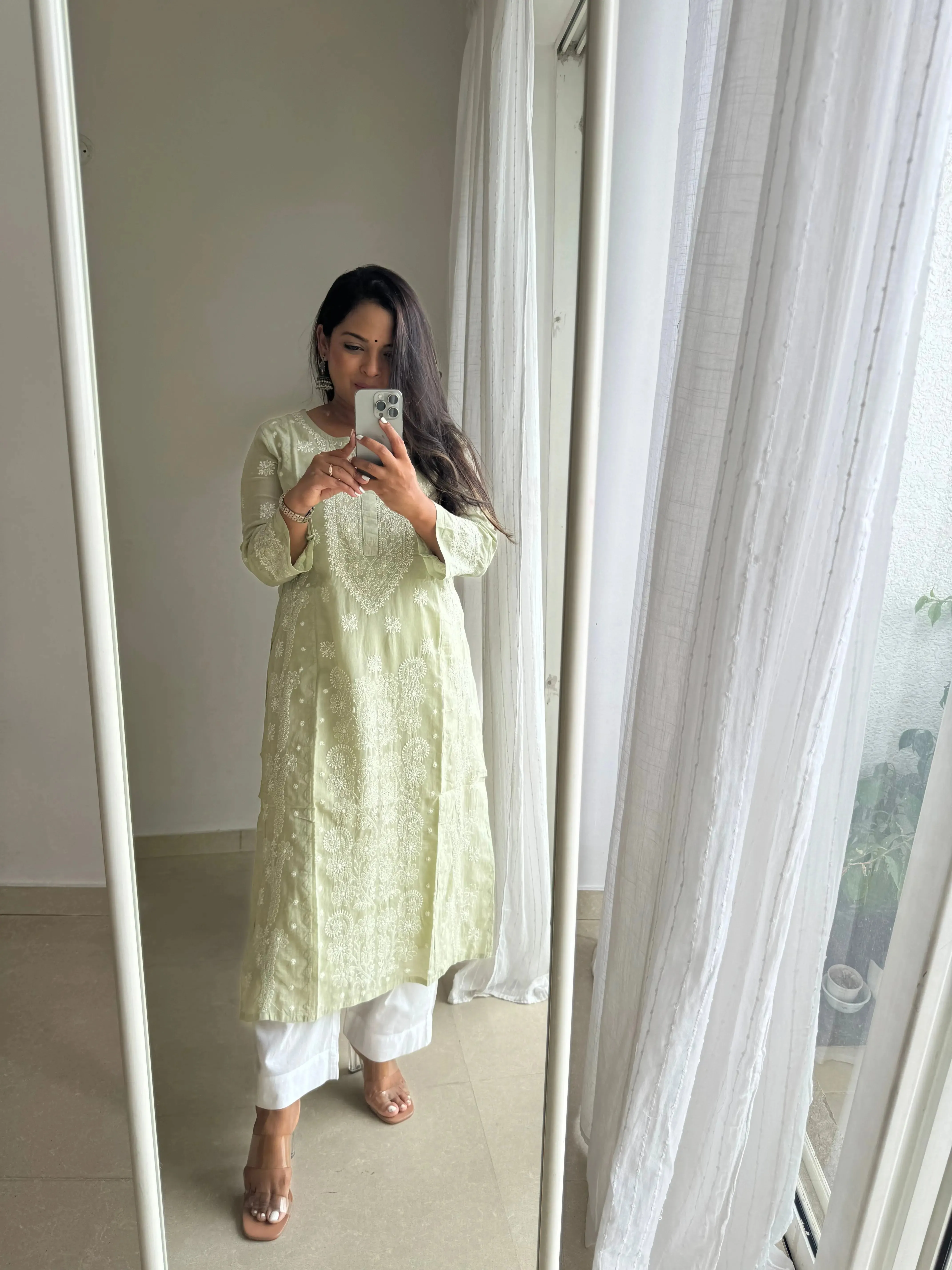 Mul Cotton Chikankari Kurti - Sage Green