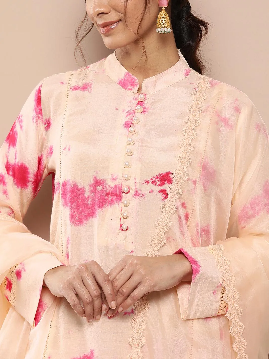 Muslin Tie And Dye Printed Kurta Pant Set With Organza Dupatta