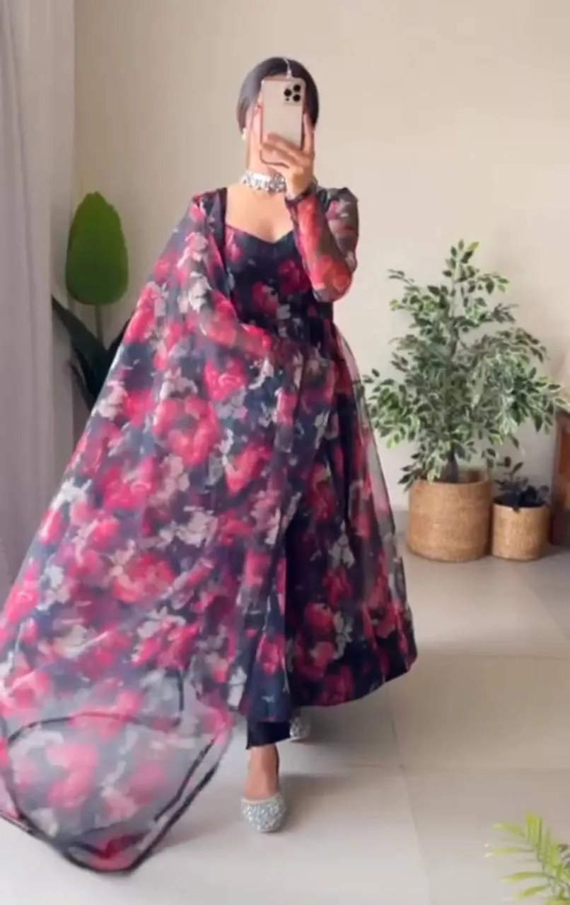 Navy Blue Anarkali Gown in Organza with Digital Print