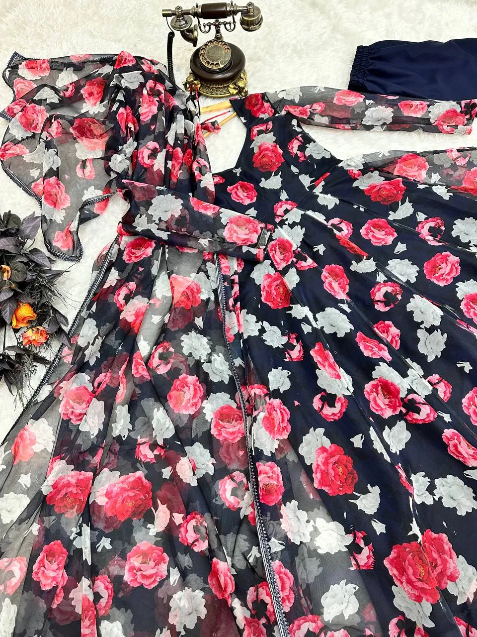 Navy Blue Anarkali Gown in Organza with Digital Print