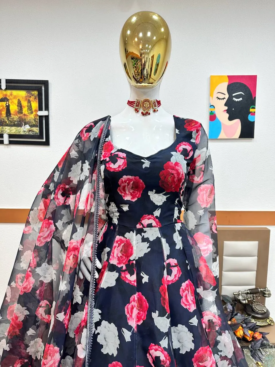 Navy Blue Anarkali Gown in Organza with Digital Print
