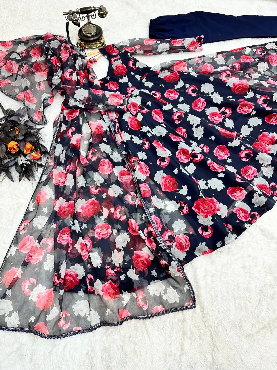 Navy Blue Anarkali Gown in Organza with Digital Print