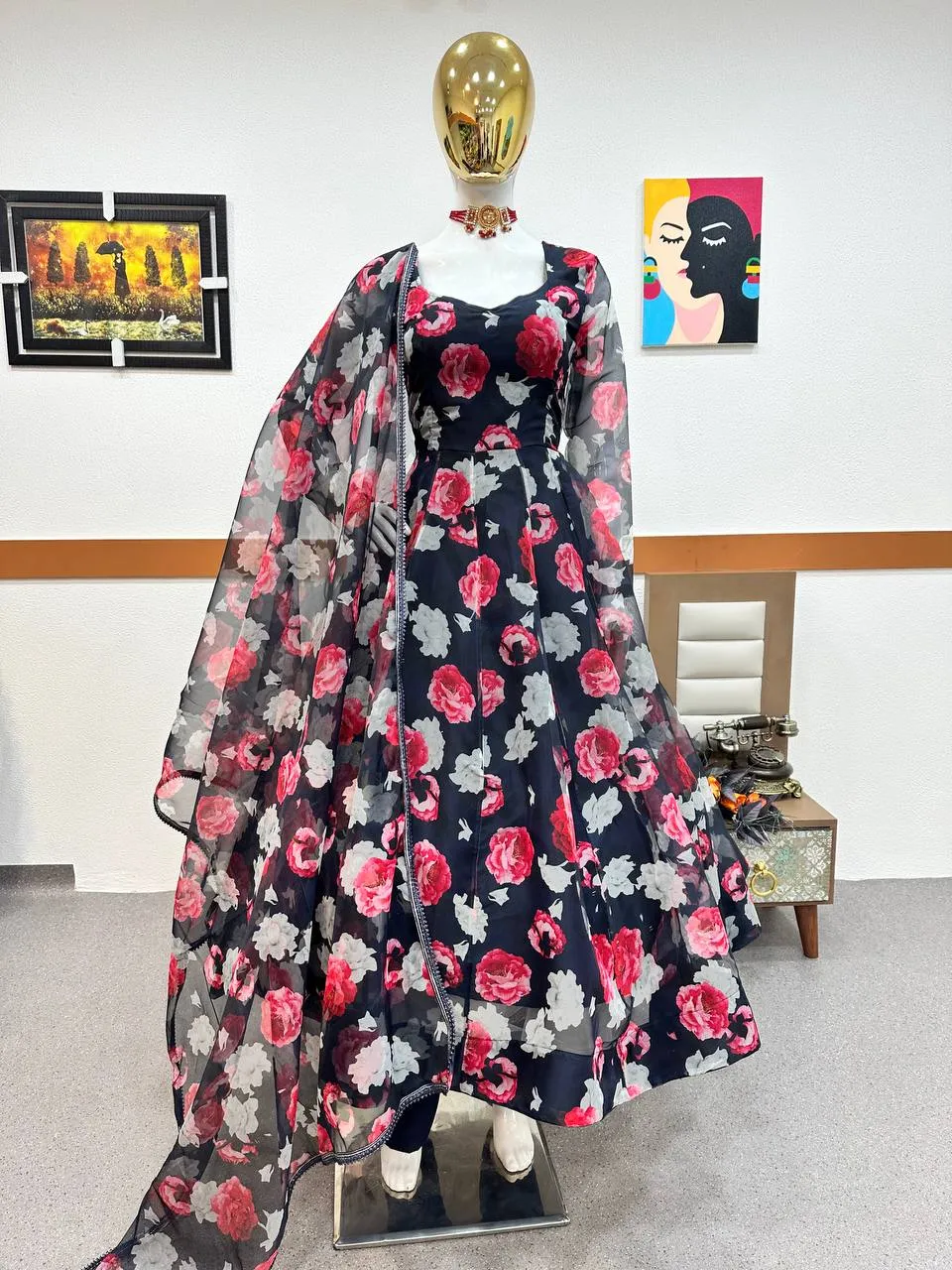Navy Blue Anarkali Gown in Organza with Digital Print