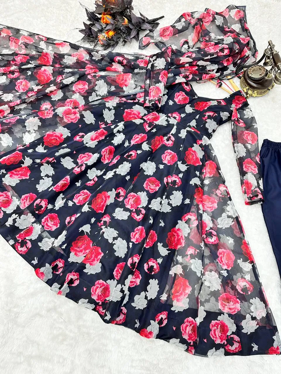 Navy Blue Anarkali Gown in Organza with Digital Print