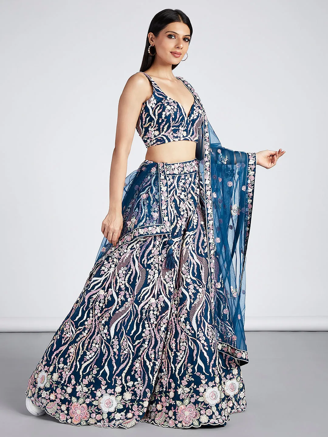 Navy blue Net Sequins and thread embroidery Semi-Stitched Lehenga choli & Dupatta