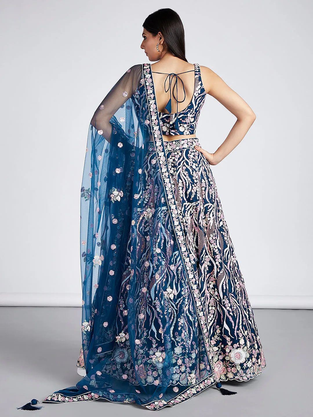 Navy blue Net Sequins and thread embroidery Semi-Stitched Lehenga choli & Dupatta