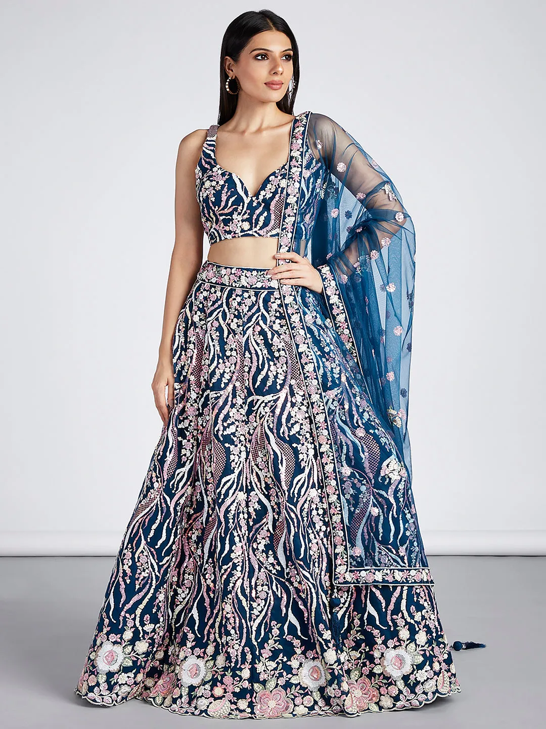 Navy blue Net Sequins and thread embroidery Semi-Stitched Lehenga choli & Dupatta