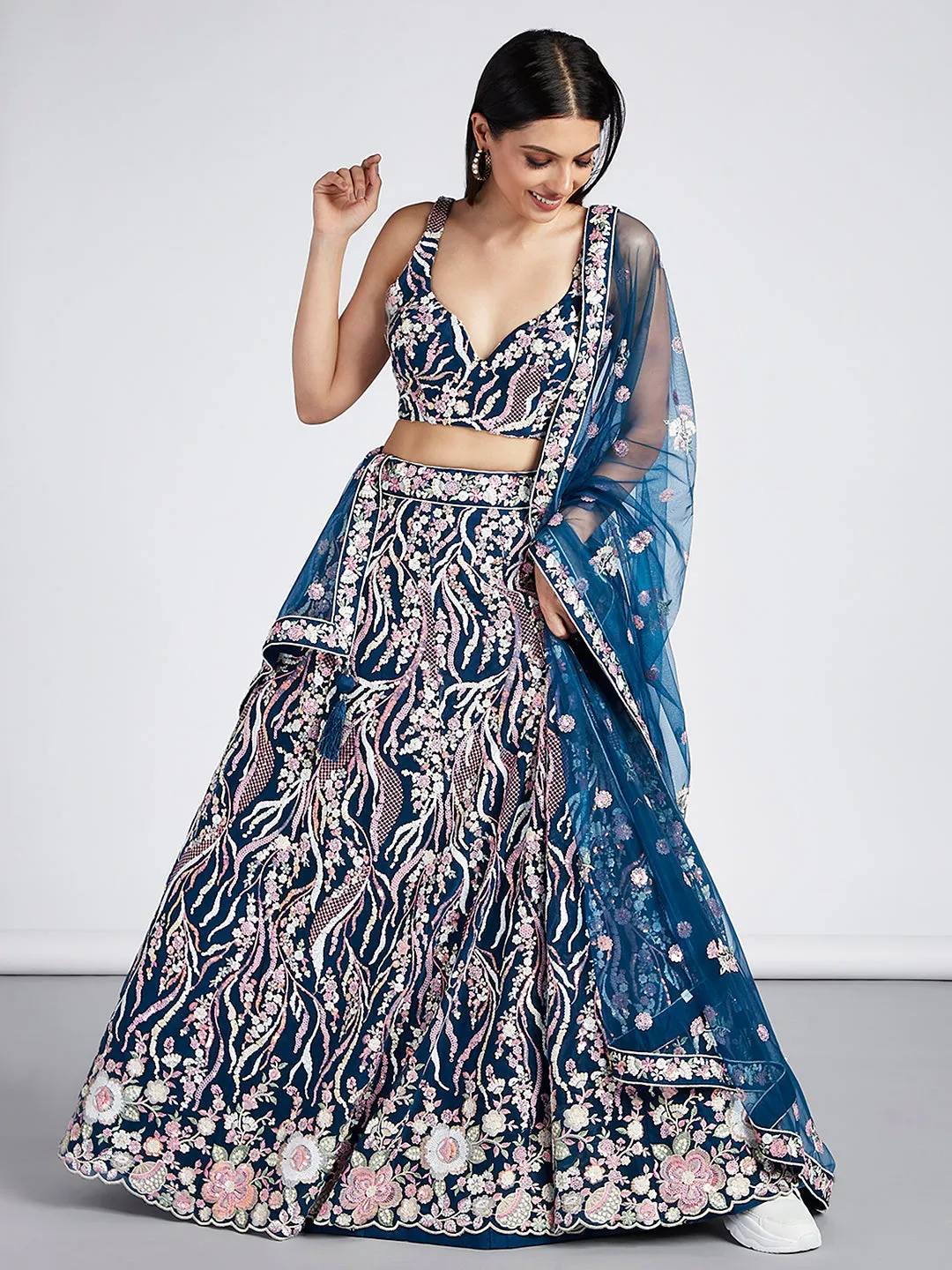 Navy blue Net Sequins and thread embroidery Semi-Stitched Lehenga choli & Dupatta