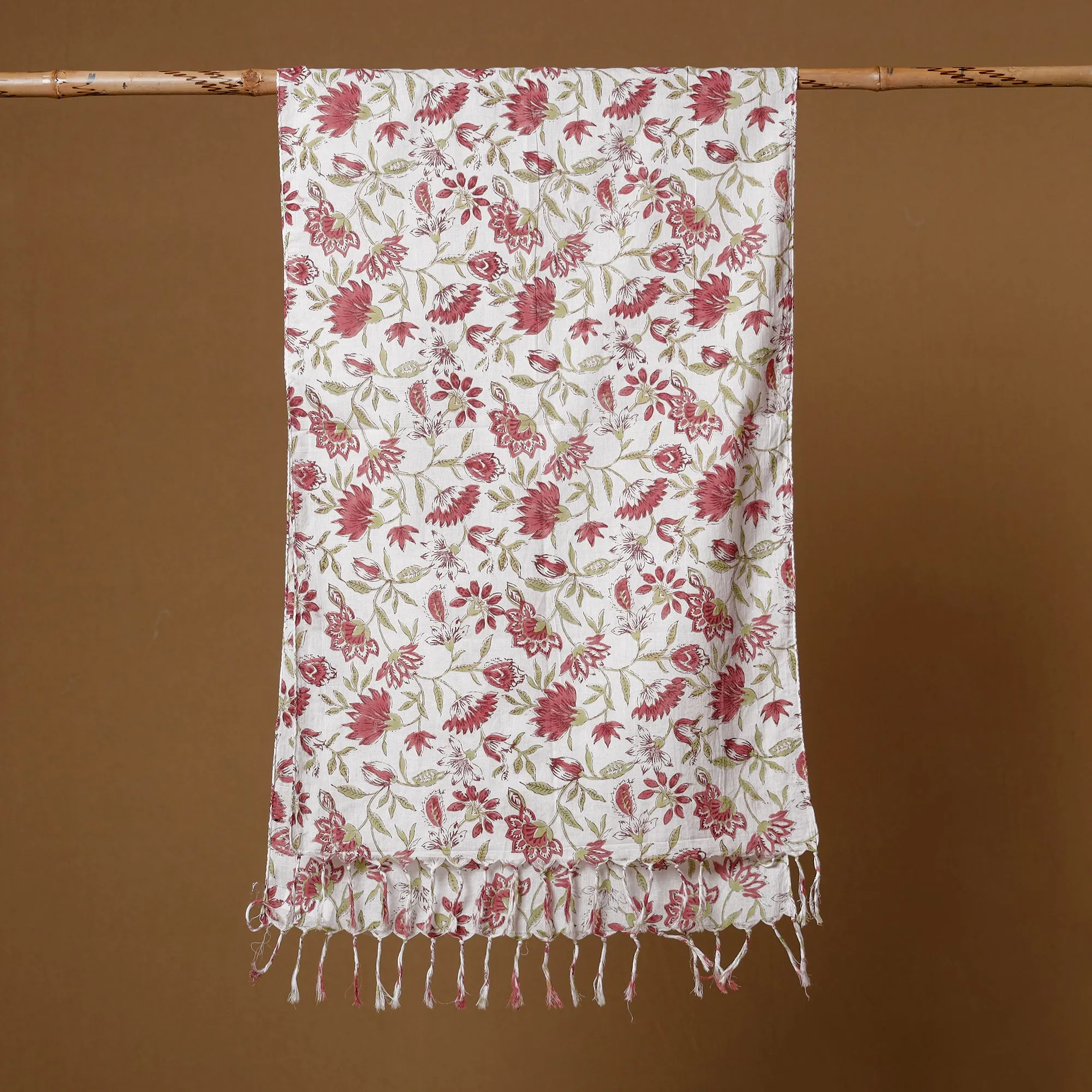 Pink - Bel Red With White Sanganeri Block Printed Cotton Stoles With Tassels