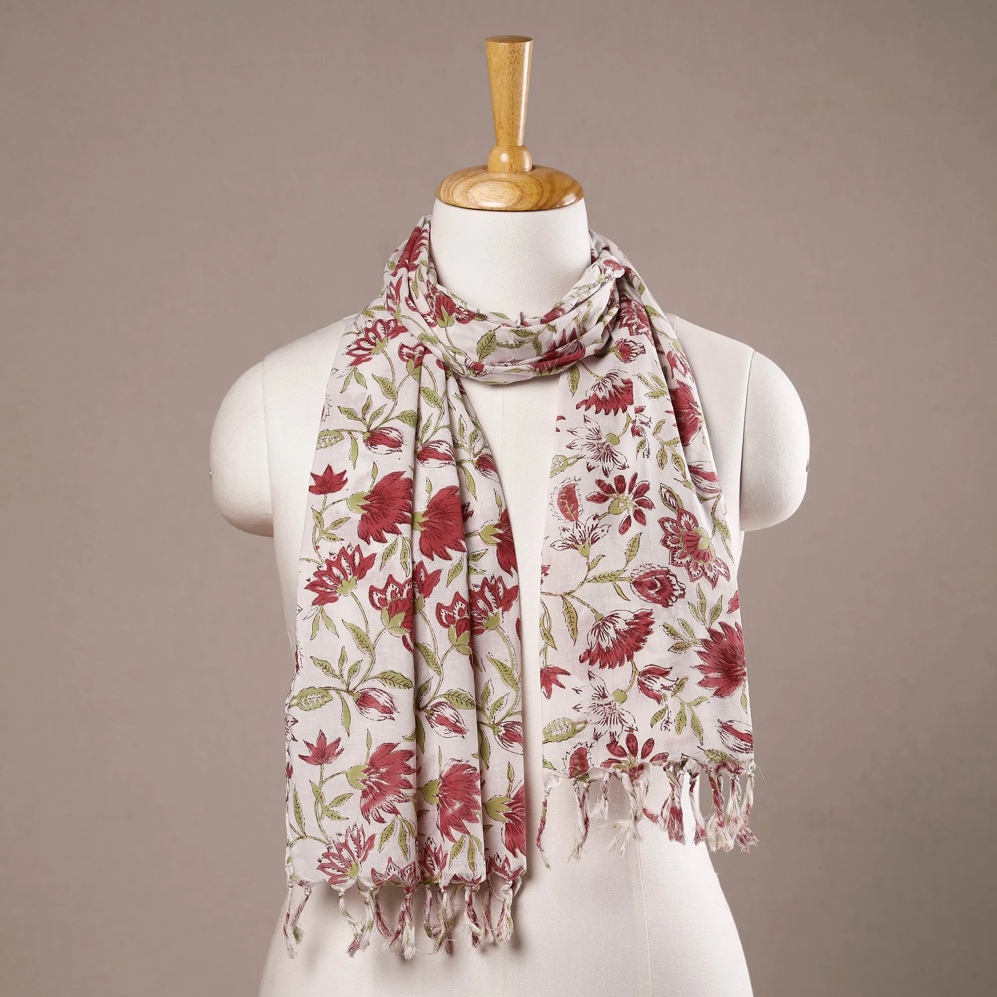 Pink - Bel Red With White Sanganeri Block Printed Cotton Stoles With Tassels