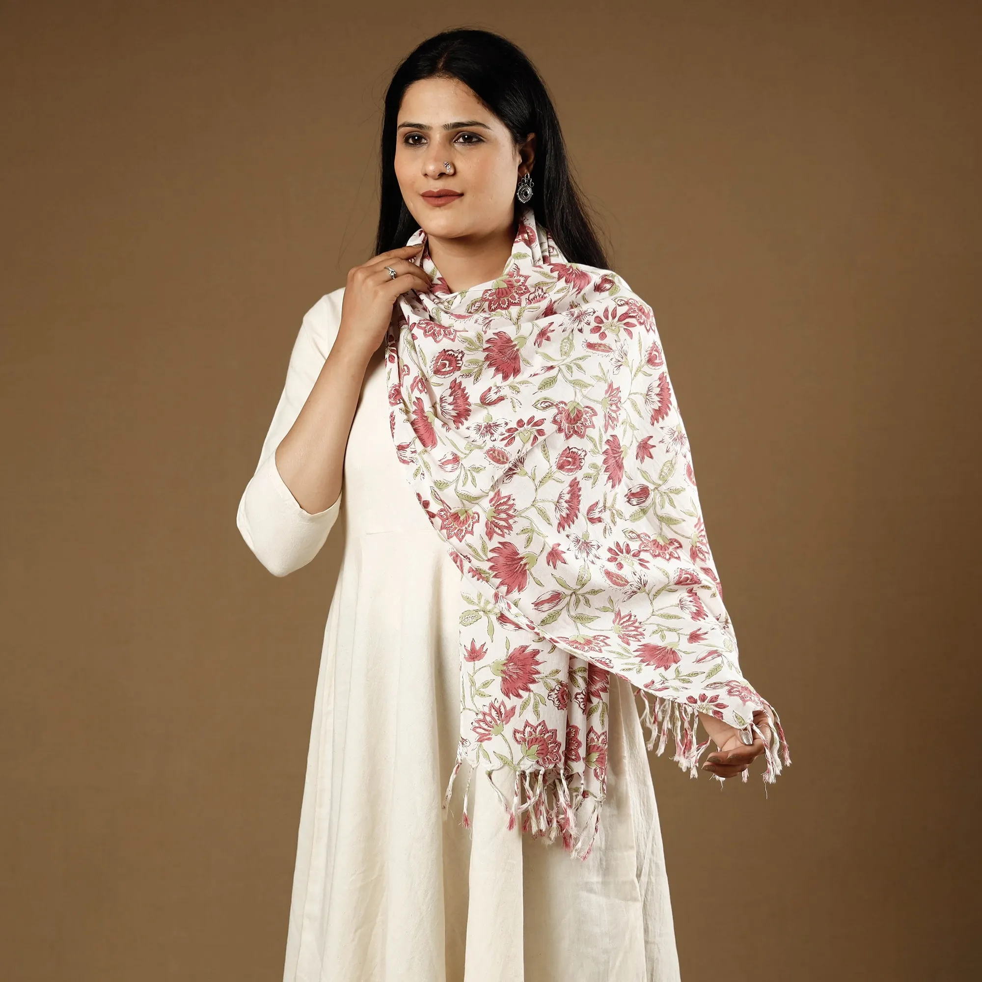 Pink - Bel Red With White Sanganeri Block Printed Cotton Stoles With Tassels