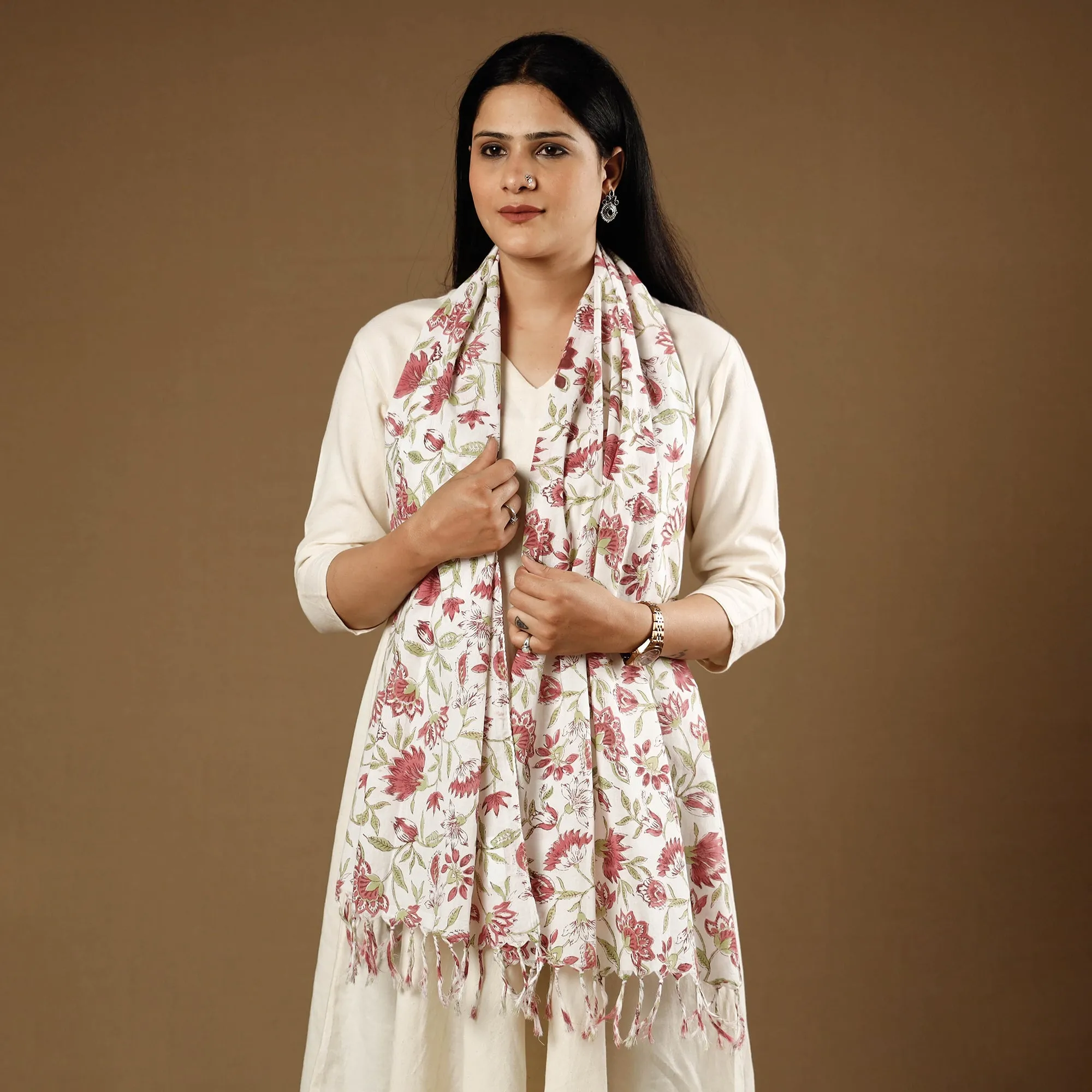 Pink - Bel Red With White Sanganeri Block Printed Cotton Stoles With Tassels