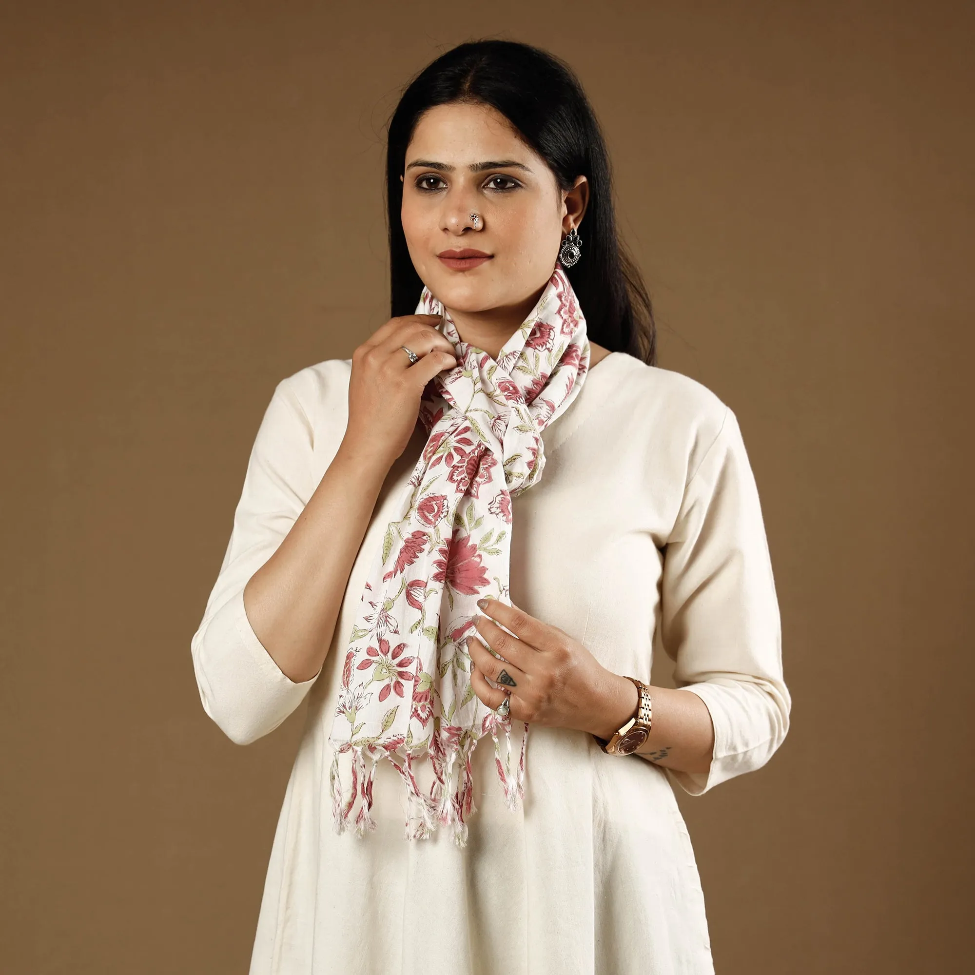 Pink - Bel Red With White Sanganeri Block Printed Cotton Stoles With Tassels