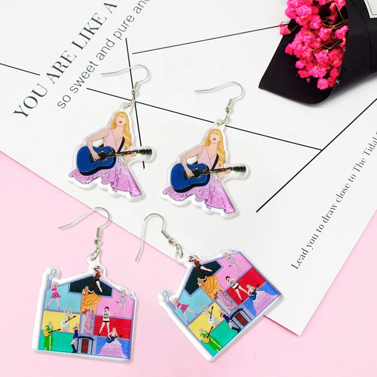 Pink Guitar Earrings for Girls - Acrylic Earrings for Women, Inspired Earrings for Singer Fans Music Lover Gifts Album Gift for Fans (pink guitar girl)