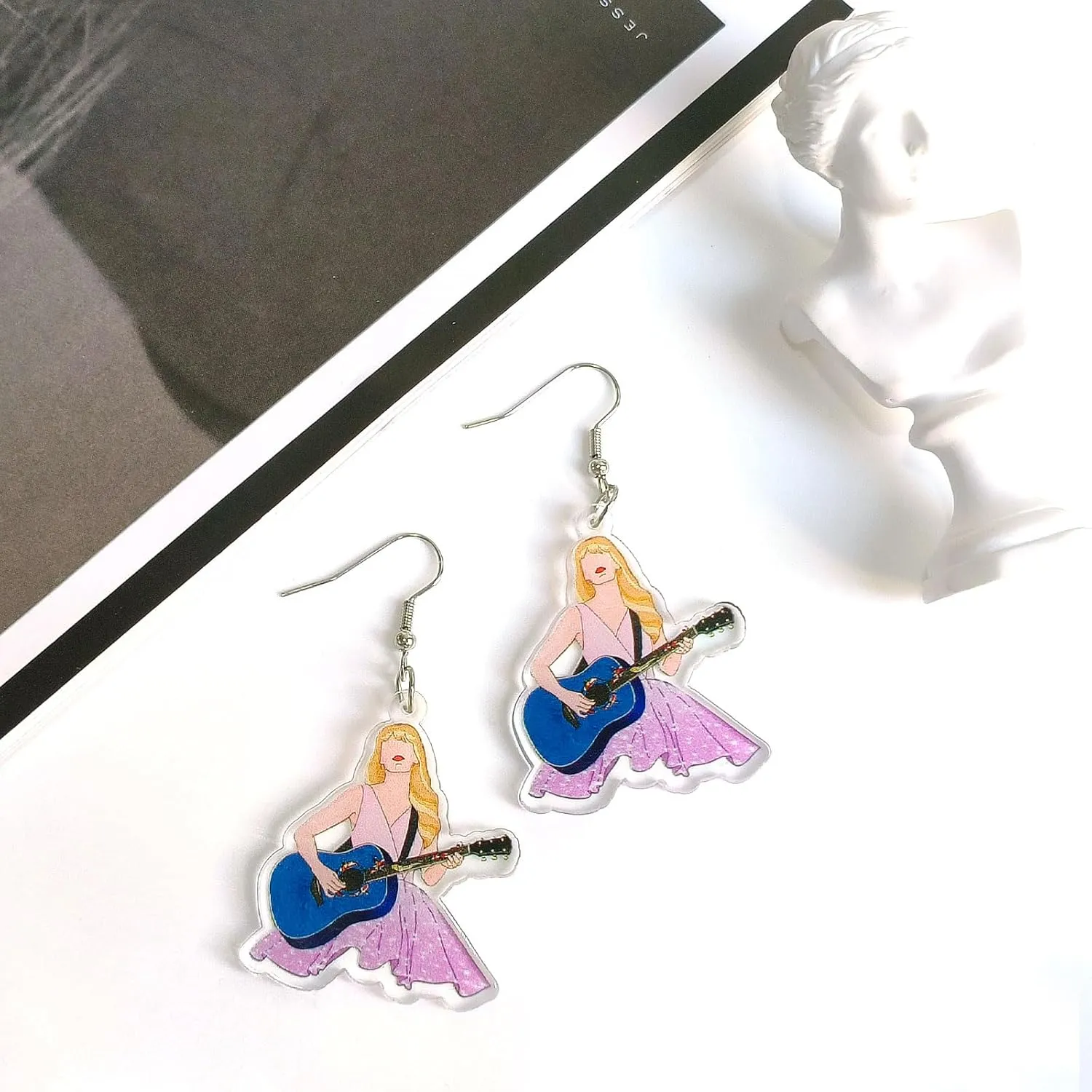 Pink Guitar Earrings for Girls - Acrylic Earrings for Women, Inspired Earrings for Singer Fans Music Lover Gifts Album Gift for Fans (pink guitar girl)