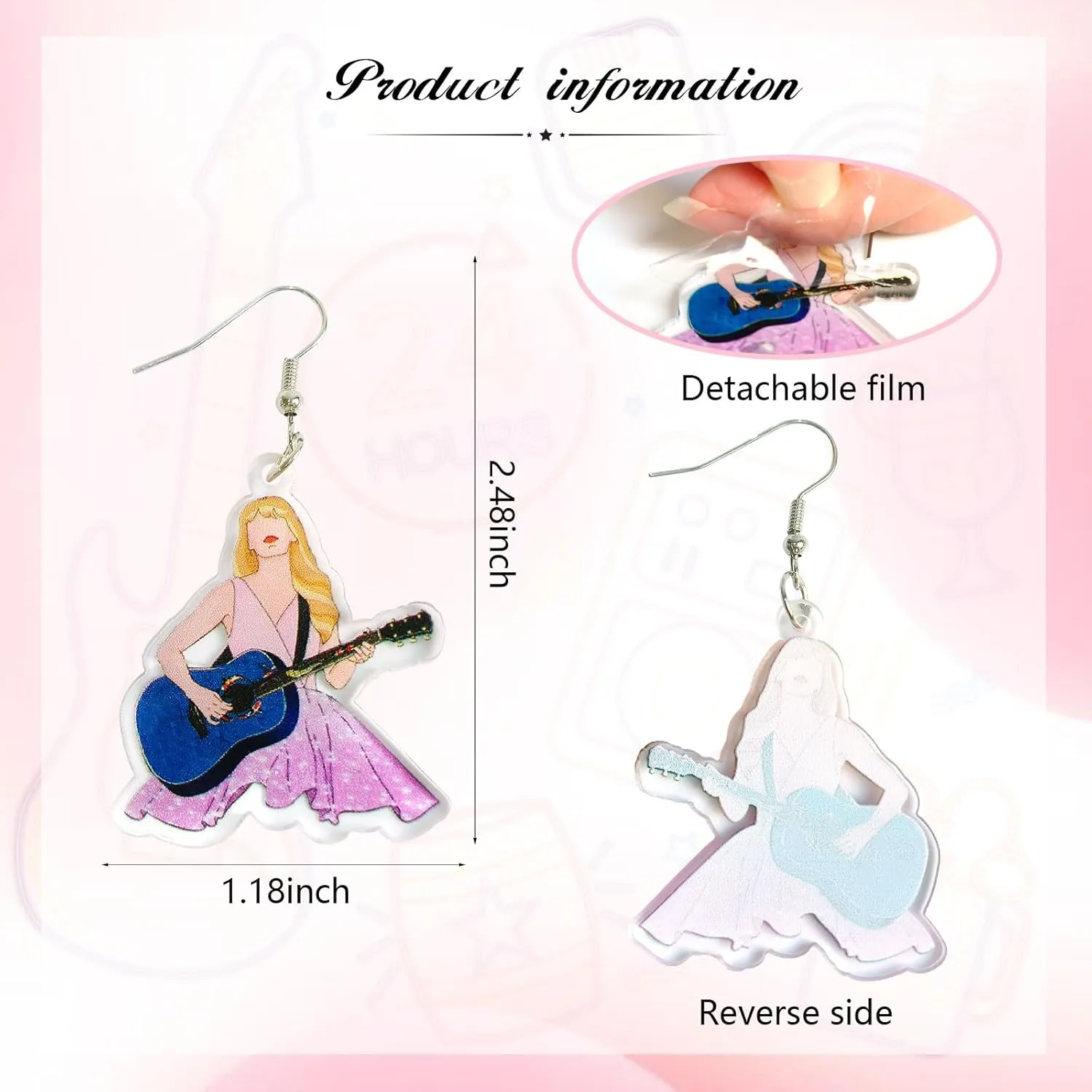 Pink Guitar Earrings for Girls - Acrylic Earrings for Women, Inspired Earrings for Singer Fans Music Lover Gifts Album Gift for Fans (pink guitar girl)