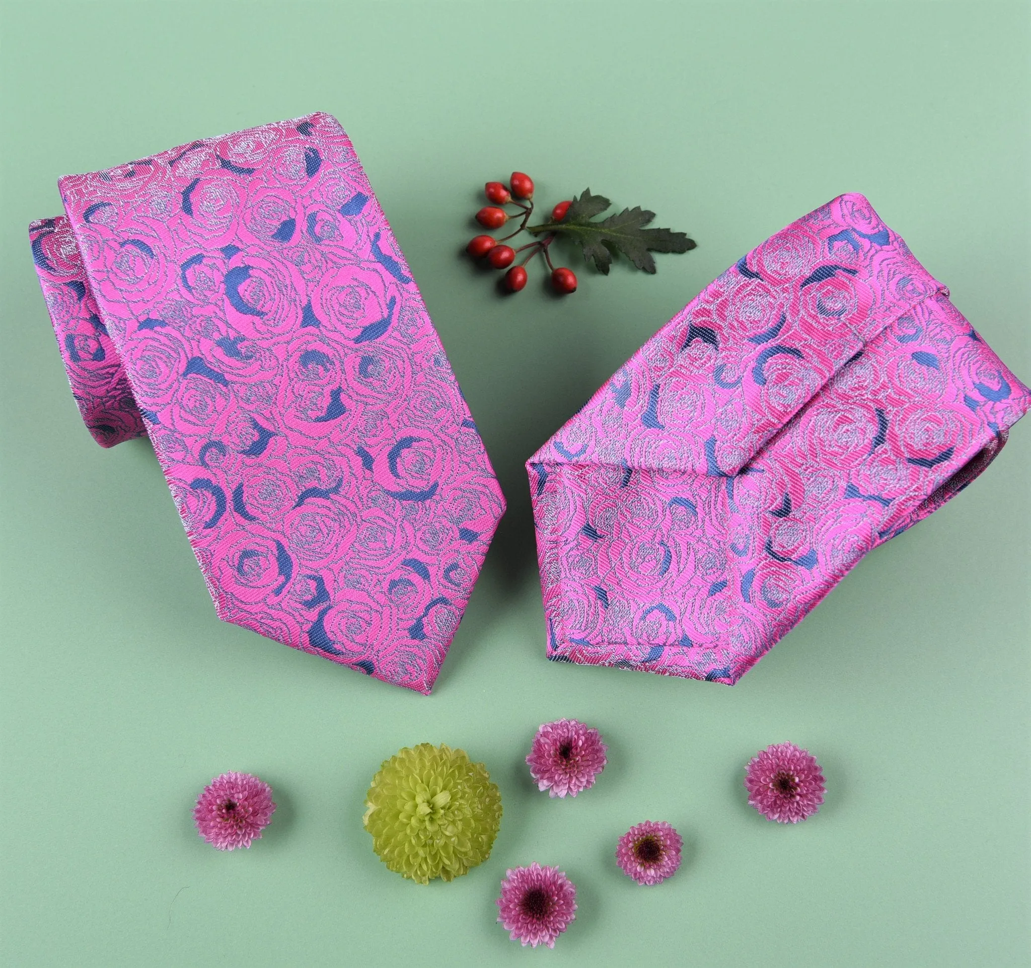 Pink Lavish Roses Floral Designer Luxury Baroque Fashion Woven Ties 3"