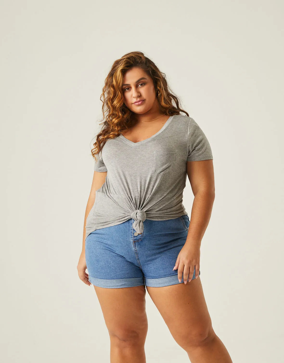 Plus Size Flowy V Neck Pocket Tee