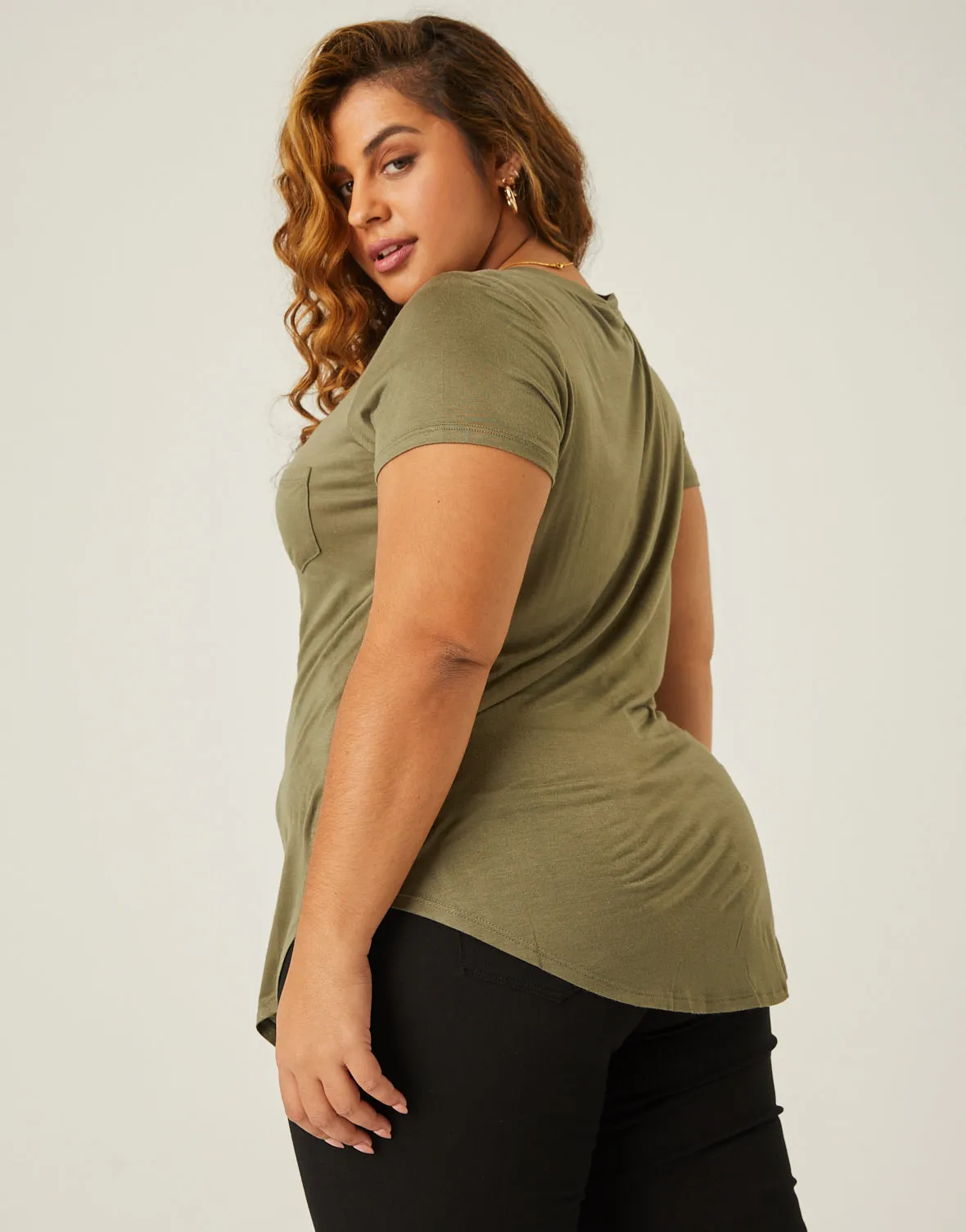 Plus Size Flowy V Neck Pocket Tee