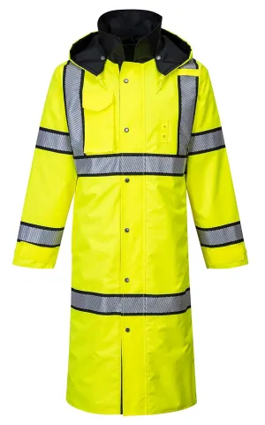 Portwest UH447 Waterproof Reversible Raincoat Hi Vis Reflective Long Safety Rain Jacket Yellow/Black, Small