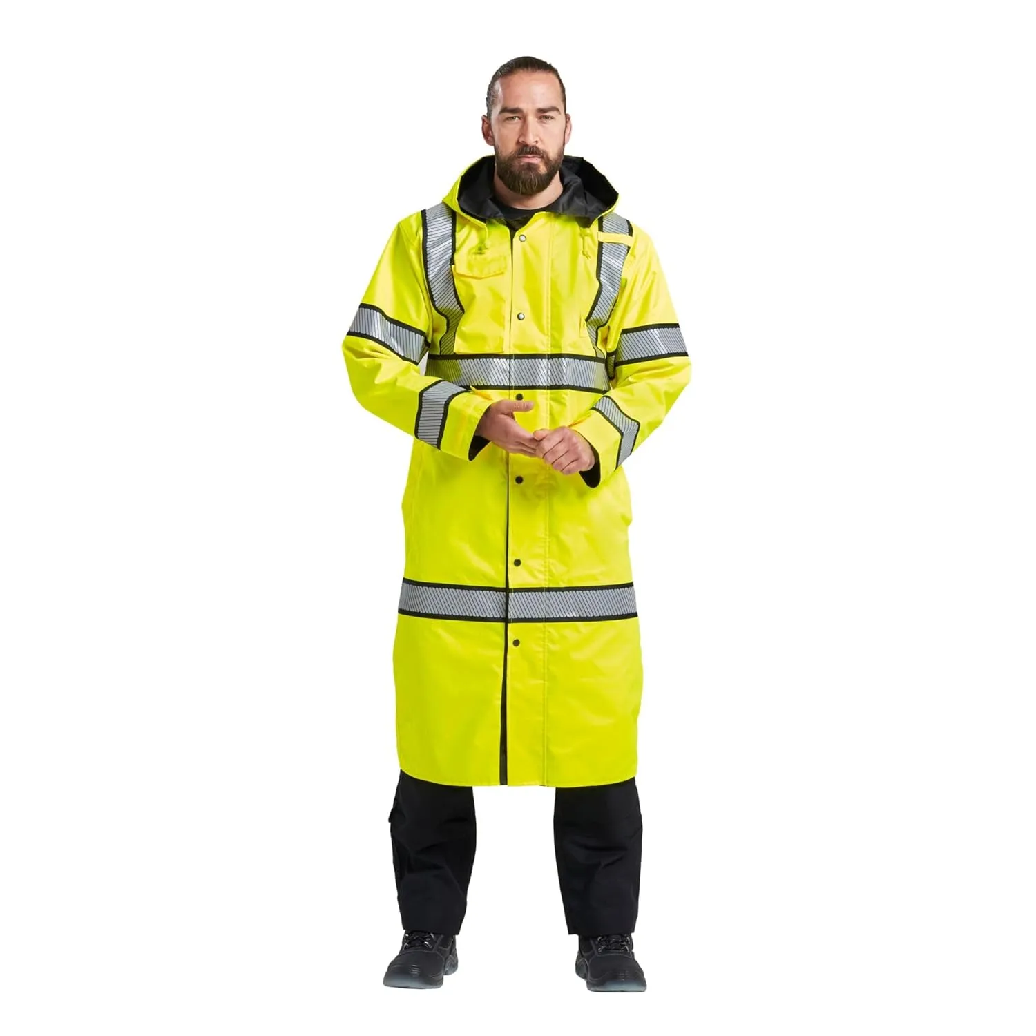 Portwest UH447 Waterproof Reversible Raincoat Hi Vis Reflective Long Safety Rain Jacket Yellow/Black, Small