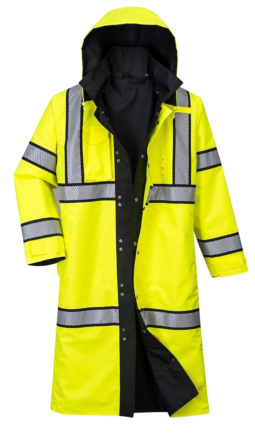 Portwest UH447 Waterproof Reversible Raincoat Hi Vis Reflective Long Safety Rain Jacket Yellow/Black, Small